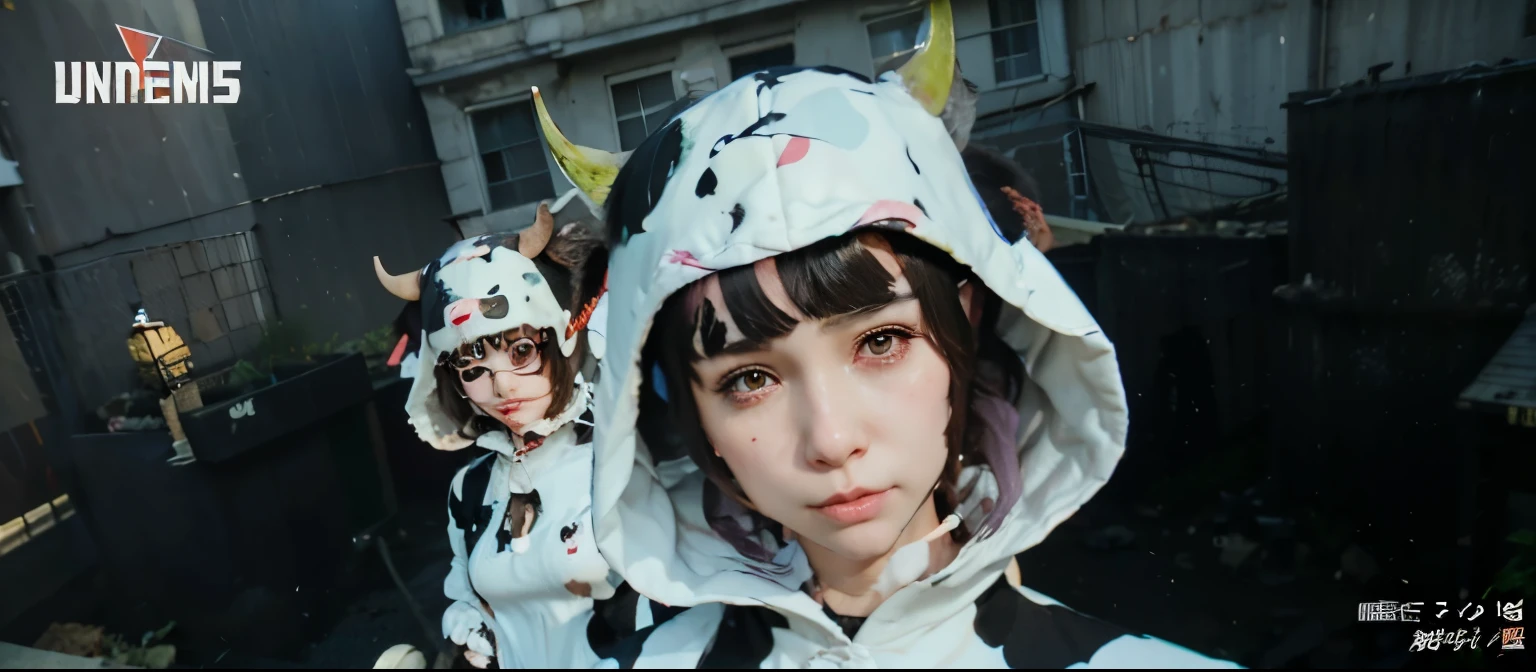 there are two women dressed in cow costumes standing in a street, cow, persona 5 art style wlop, persona 5 style, cow-girl, vrchat, persona 5, realistic anime 3 d style, cows, persona 5 inspired, game cg, random cows, campy. cow costume with udders, artwork in the style of guweiz, xqcow