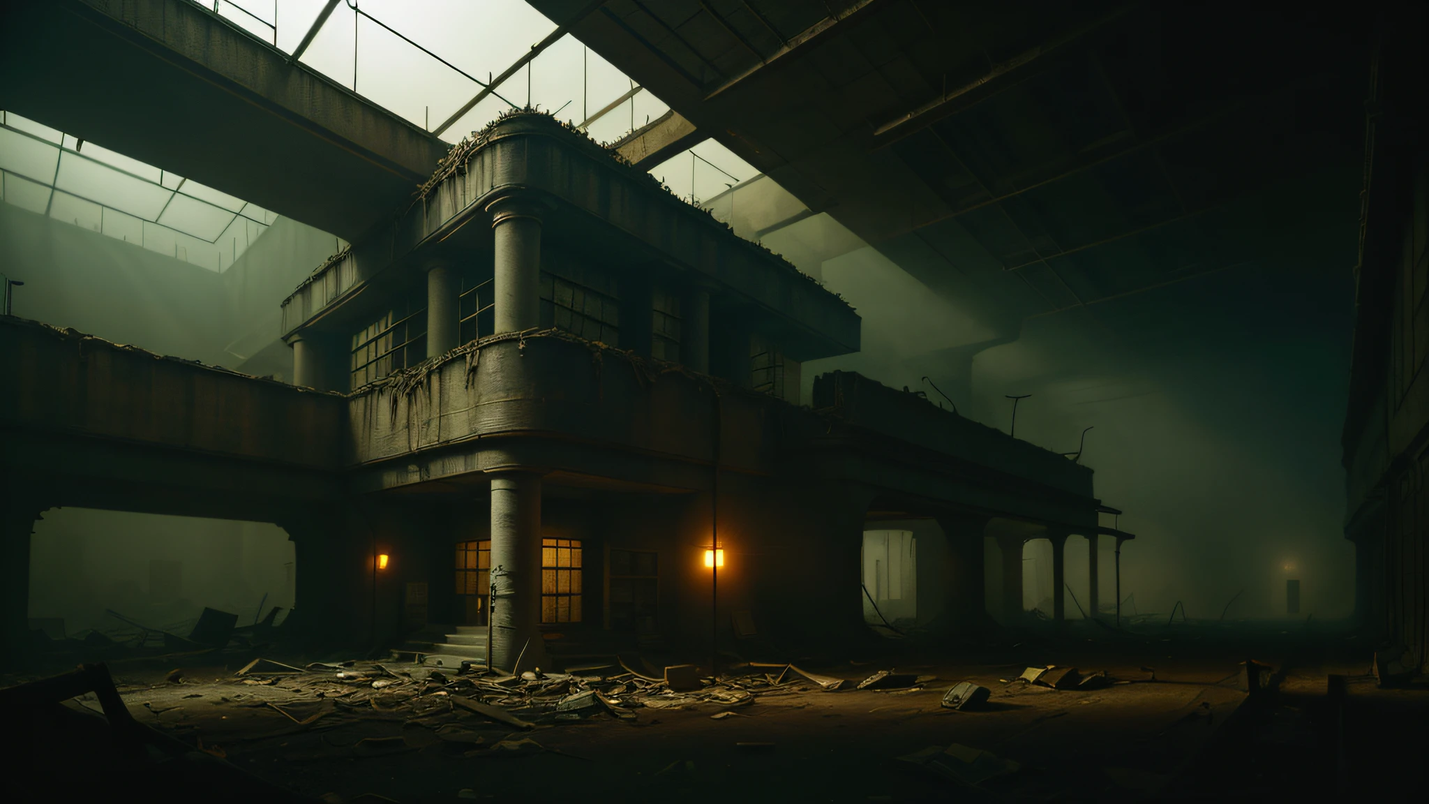 a post apocalyptic library, inside, dark atmosphere, highly detailed, never before seen, surreal, epic, cinematic shot, dark cinematic lighting, horror vibe, HD, high quality