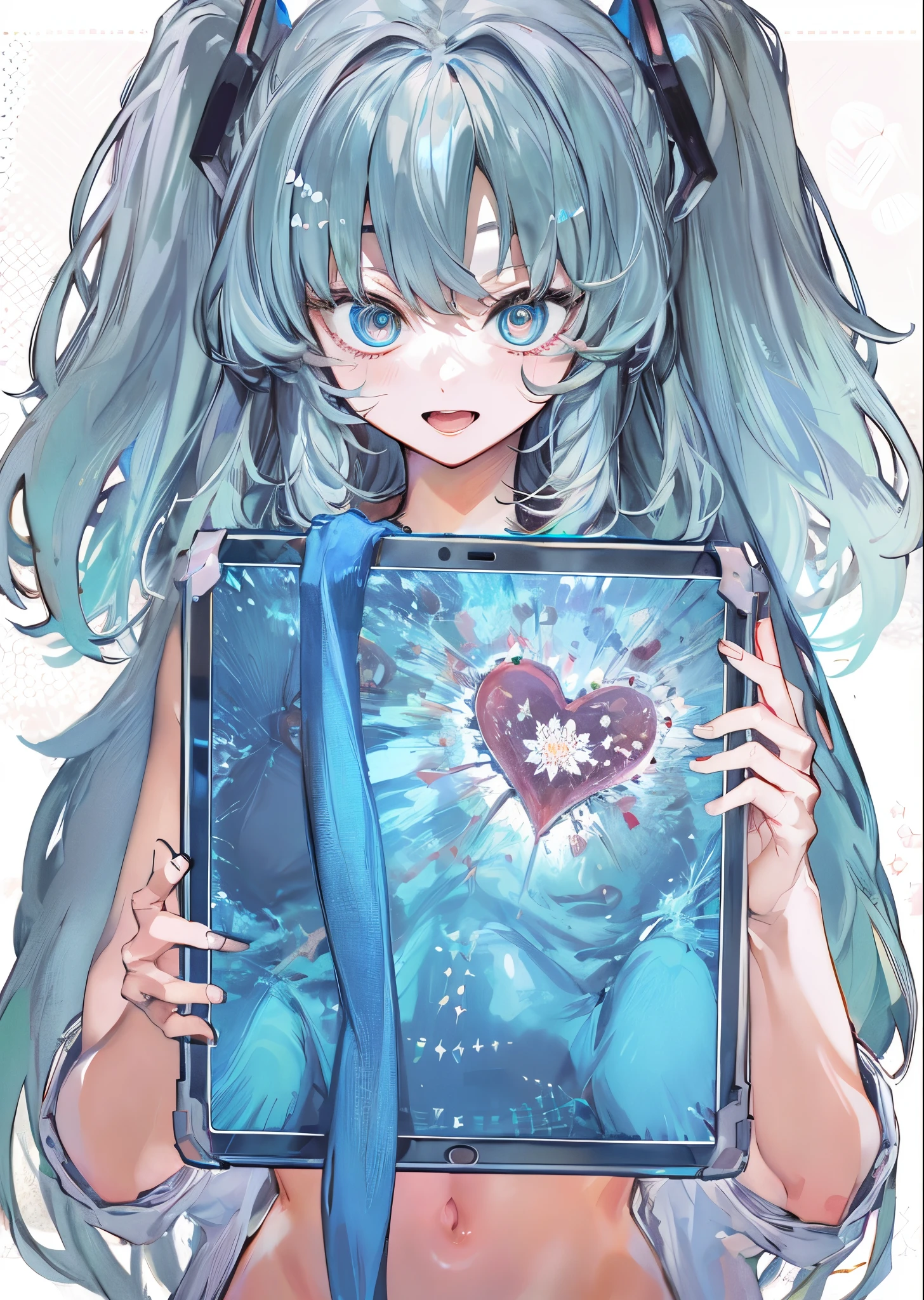 Anime girl holding a tablet with a heart..., Gapmoe Yandere, portrait knights of zodiac girl, knights of zodiac girl, Chica Nigromante Cyborg Santa, Anime Moe Artstyle, Mirai Nikki, Marin Kitagawa Fanart, Retrato completo de Elementalist, Sosteniendo el grimorio, retrato de medio cuerpo, Arte Zerochan, holding a pudica pose
