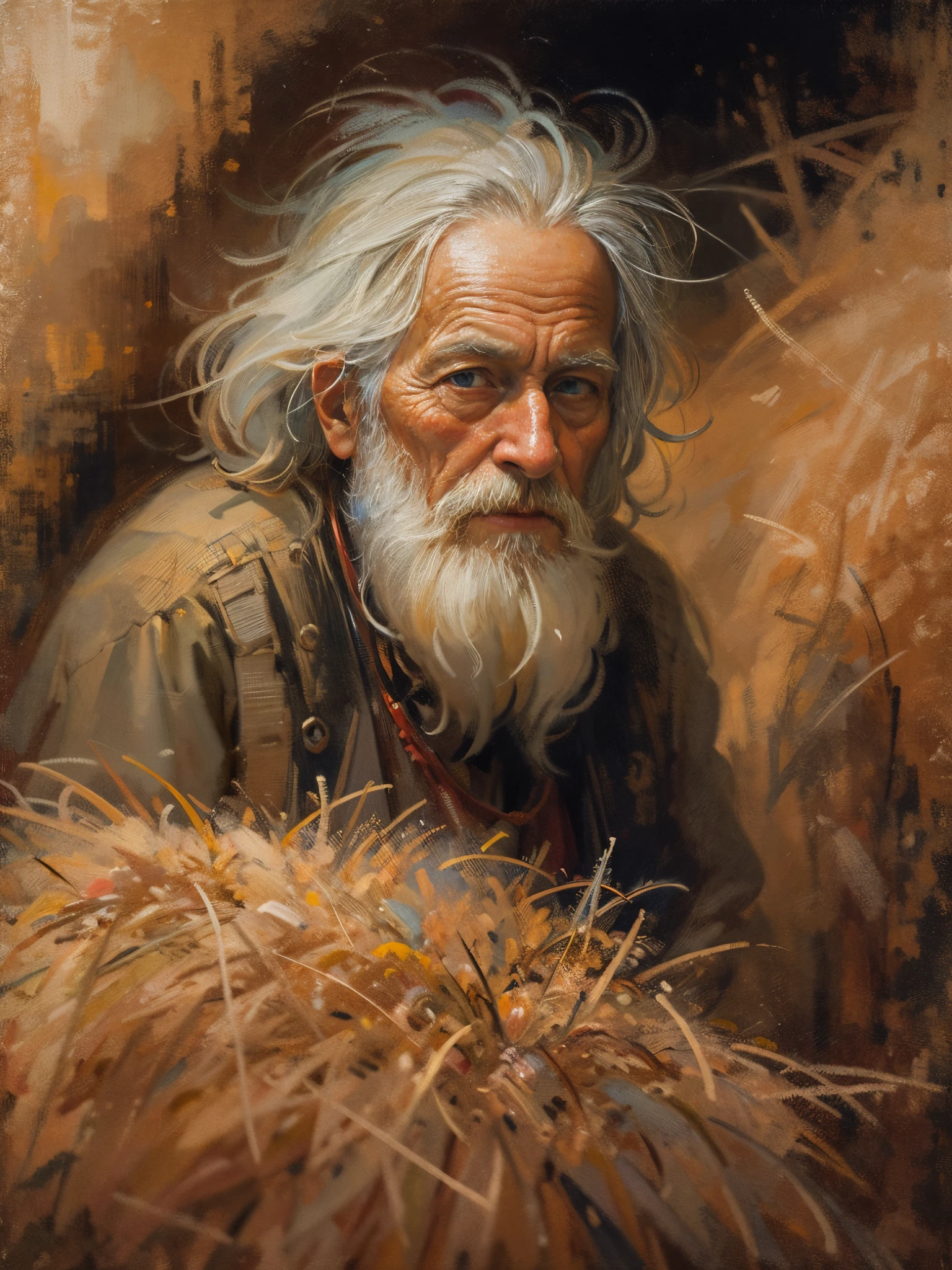 an oil painting，da vinci art style。old man in haystack, messy  hair，Guviz-style artwork,，Artistic creativity:1.37,Sweet，Wonderful and magical，Exquisite，Natural soft light，Lonely eyes，