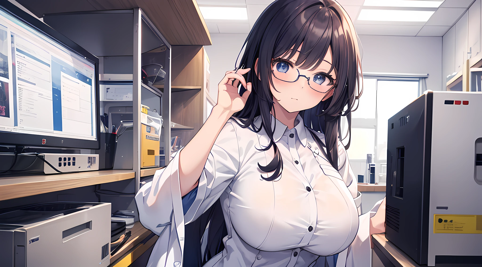 anime girl with big breast posing in a laboratory, beautiful eyes finely detailed, glasses, blush on her face, Hakase, seductive anime girl, smooth anime cg art, oppai, anime moe artstyle, girl in laboratory coat, [ 4 k digital art ]!!, thicc, cute anime waifu in a nice laboratory coat, (sfw) safe for work, fluffy chest, marin kitagawa fanart, attractive anime girl