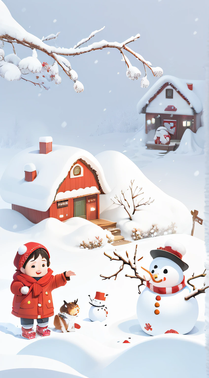 There was a girl playing in the snow with a puppy, There is a snowman piled next to it，Snowman wearing red hat and red and white gradient scarf，There is a red house behind，There is a lot of snow on the house，There is a plum blossom on the roof，The vista is snow-capped mountains，There is thick snow on the ground，Inspired by Ma Yuanyu, 2 d CG, illuminations!, Stylized digital illustration, snow snow, Children's book illustration, A beautiful artistic illustration, Yuki, Children's book illustration, snowy days, change, inspired by Zou Yigui, Chiba Yuda, snowflakes falling
