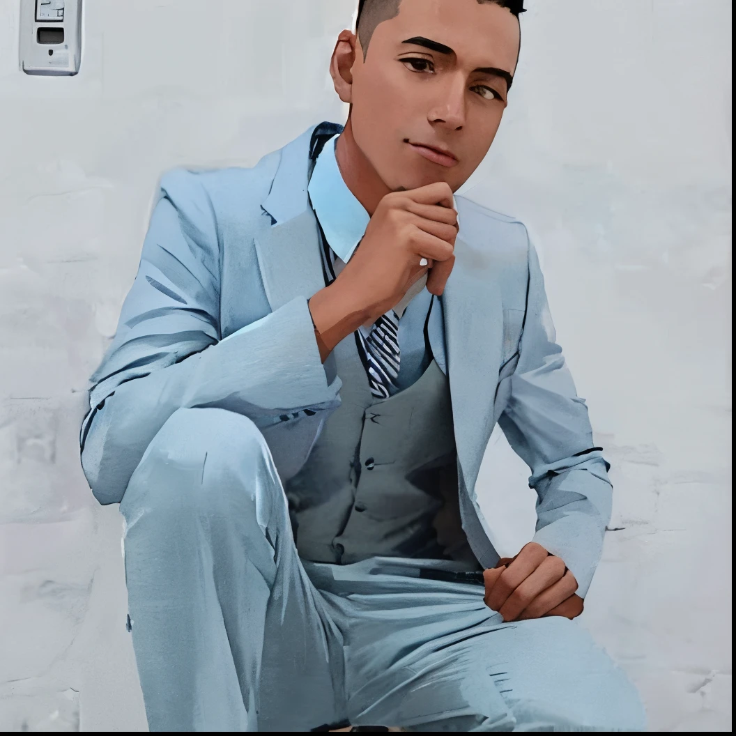 homem arafed em um terno azul sentado em um banquinho, vestindo um terno azul claro, taken in the early 2020s, foto de perfil, em torno de 1 9 anos, andres rios, foto de perfil, 14 yo berbere, Amr Elshamy, jovem do sexo masculino, de terno, Mohamed Chahin, Estilo Zigor Samaniego