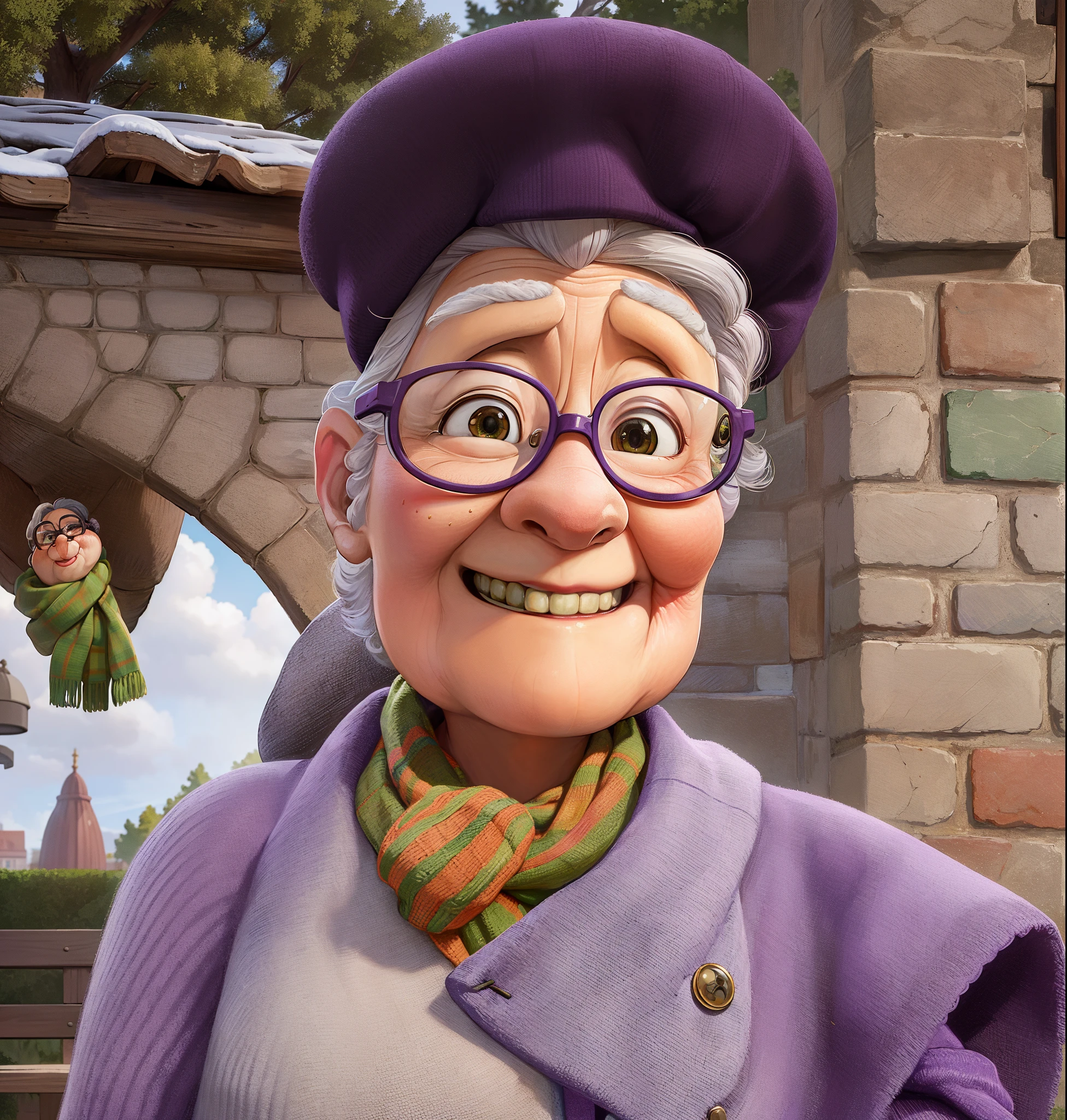masterpiece, best quality, an old woman with glasses and a scarf on, wearing a purple coat and green scarf, standing at the park