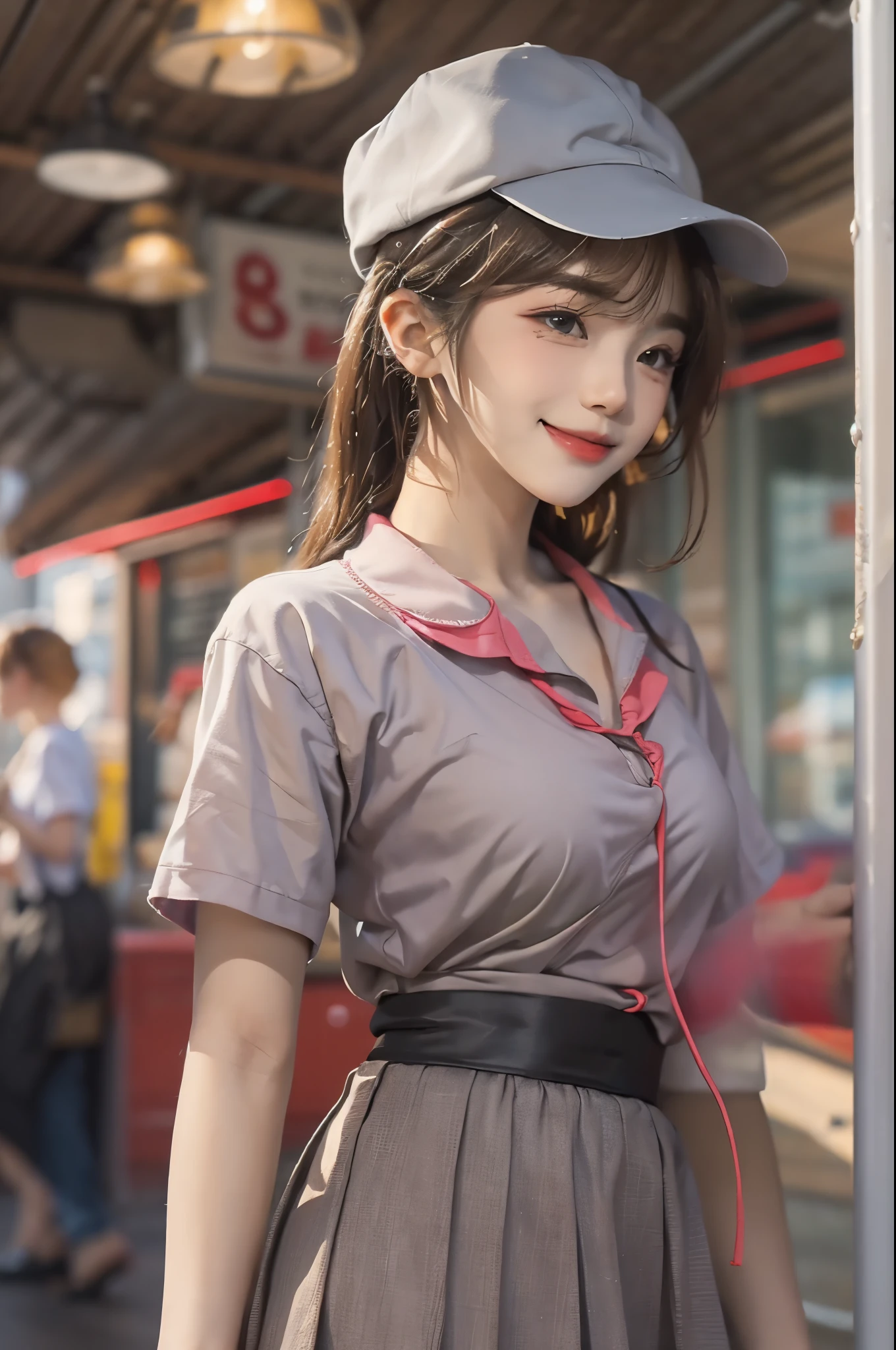 Illustration of an office lady wearing a tight miniskirt during lunch time, stand in front of a food truck, carefully choosing her meal from the menu. Capture scenes with great attention to detail, Introducing her calm demeanor and the diversity of the kitchen car's menu. Birthday Cake:1.5、 ((top-quality、8K、masterpiece:1.3))、(((1girl in)):1.3),((anatomy correct):1.45)、(Full body:1.5)、(((28 year old)))、foco nítido:1.2、(realisitic、Photorealsitic:1.37)、(brunette disheveled hair:1.3)、Gaze towards the viewer、Beautiful Face Woman、28 year old、pointed chest、long eyeslashes、Colorcon、Big 、delicated、Very detailed eyes、Highly detailed eyebrows、(Sharp Eyebrows)、(Thin eyebrows)、very vey very detailed face、A smile