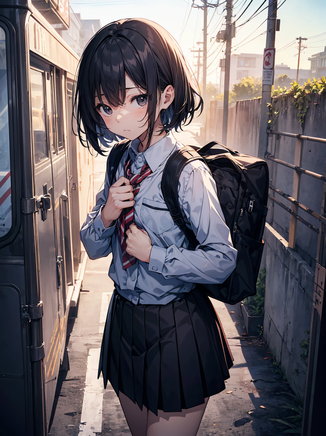 god quality, anime moe artstyle,best anime 8k konachan wallpaper,badass anime 16k,perfect anatomy, (Please draw a girl walking sleepily to school. :1.3),break, 1girl, (Solo,Loli,child,13-year-old:1.5),a junior high school student, androgynous charm, (Very Short hair), Full limbs, complete fingers,flat chest, Small butt, groin, Small eyes,beatiful detailed black eyes,disgusted eyes, school Uniform, in the School commute route. break,ultra-detailed,high resolution,super detailed skin, professional lighting,(god illustration:1.2),