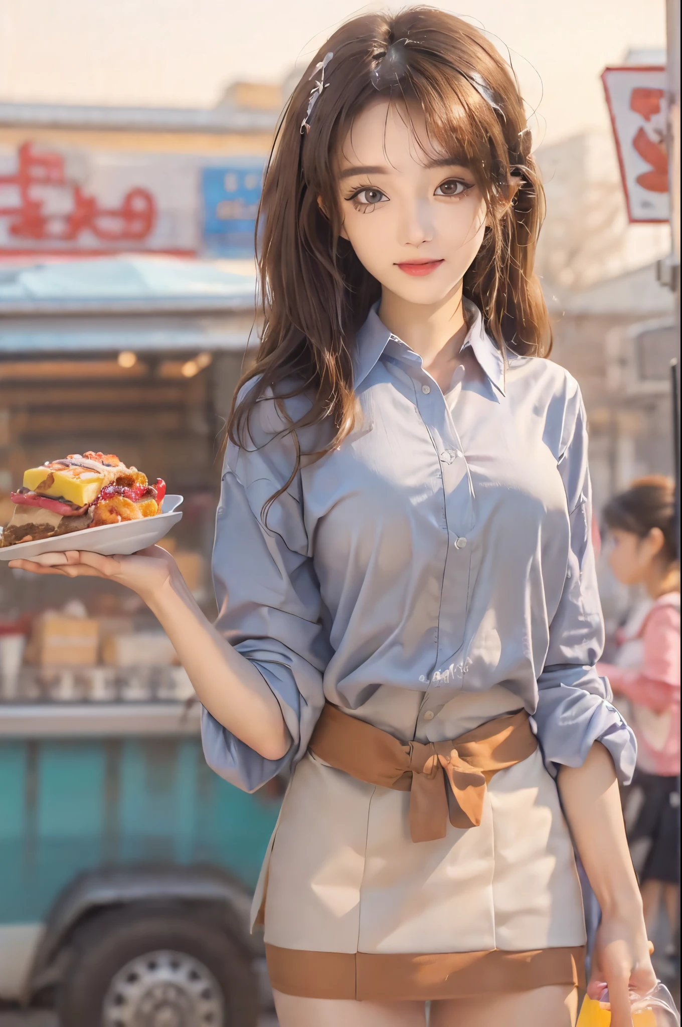 Illustration of an office lady wearing a tight miniskirt during lunch time, stand in front of a food truck, carefully choosing her meal from the menu. Capture scenes with great attention to detail, Introducing her calm demeanor and the diversity of the kitchen car's menu. Birthday Cake:1.5、 ((top-quality、8K、masterpiece:1.3))、(((1girl in)):1.3),((anatomy correct):1.45)、(Full body:1.5)、(((28 year old)))、foco nítido:1.2、(realisitic、Photorealsitic:1.37)、(brunette disheveled hair:1.3)、Gaze towards the viewer、Beautiful Face Woman、28 year old、pointed chest、long eyeslashes、Colorcon、Big 、delicated、Very detailed eyes、Highly detailed eyebrows、(Sharp Eyebrows)、(Thin eyebrows)、very vey very detailed face、A smile