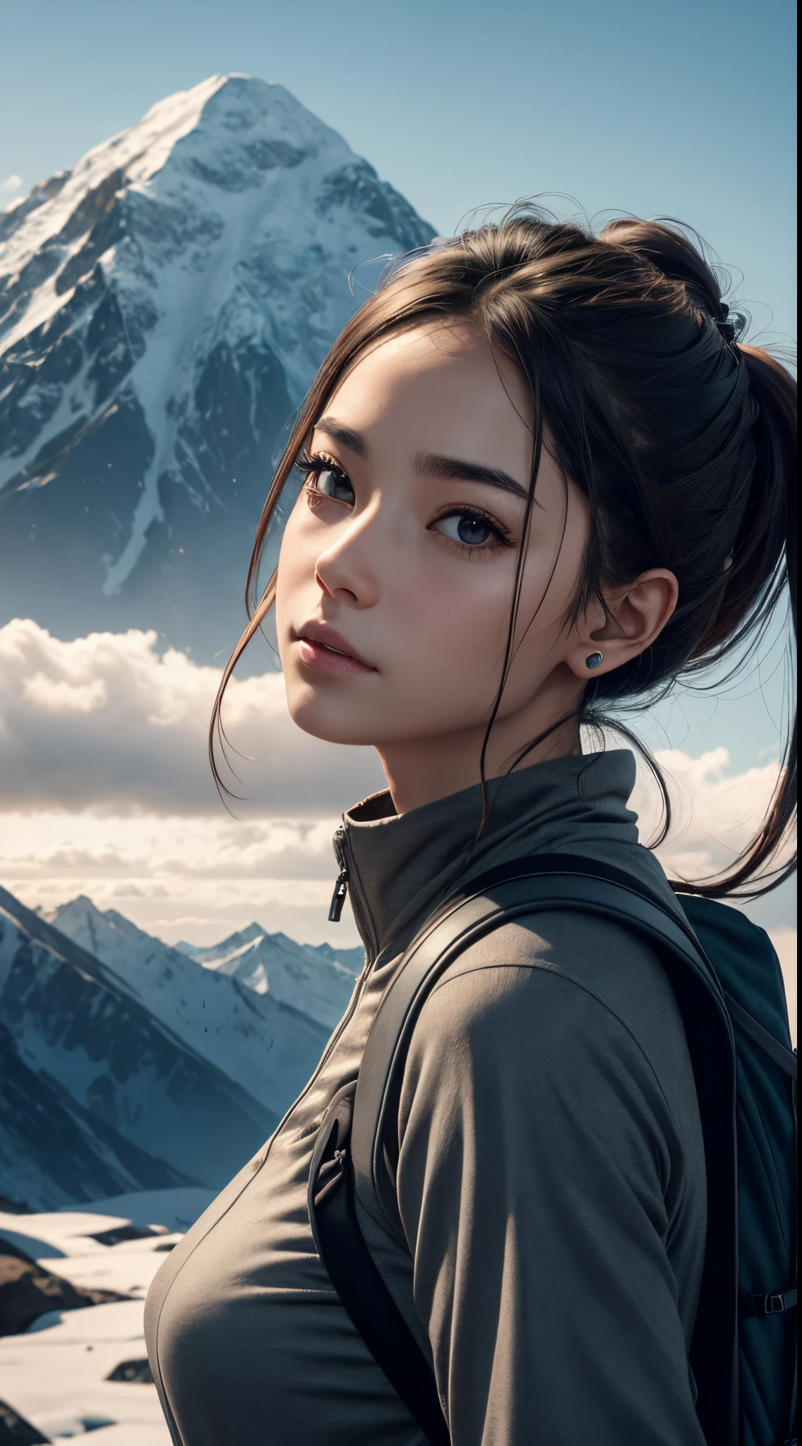 A woman with a backpack,1人の女性,Lateral face,standing on top of a mountain,3/4 back sideways,Look at the mountains directly ahead, The color hair, hair pin, Long eyelashes, covered their ears, Serious, face expressionless, modern, depth of fields, 电影灯光, Ray traching, god light, hyper HD, 4K, Best quality at best, super detailing, ctextured skin, Anatomically correct, high detal, high high quality, Award-Awarded