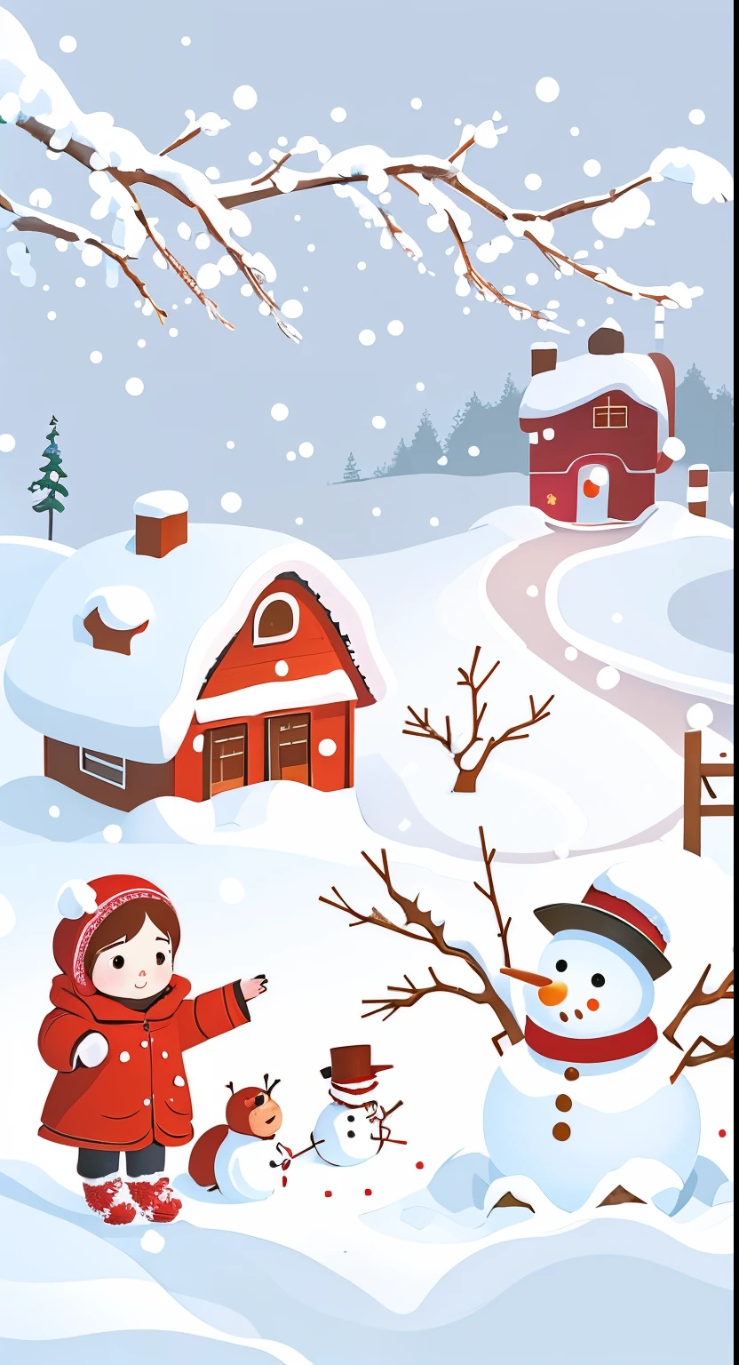 There was a girl playing in the snow with a puppy, There is a snowman piled next to it,Snowman wearing red hat and red and white gradient scarf,There is a red house behind,There is a lot of snow on the house,There is a plum blossom on the roof,The vista is snow-capped mountains,There is thick snow on the ground,Inspired by Ma Yuanyu, 2 d CG, Lighting!, Stylized digital illustration, snow snow, Children's book illustration, A beautiful artistic illustration, Yuki, Children's book illustration, snowy days, change, inspired by Zou Yigui, Steal Judas, snowflakes falling