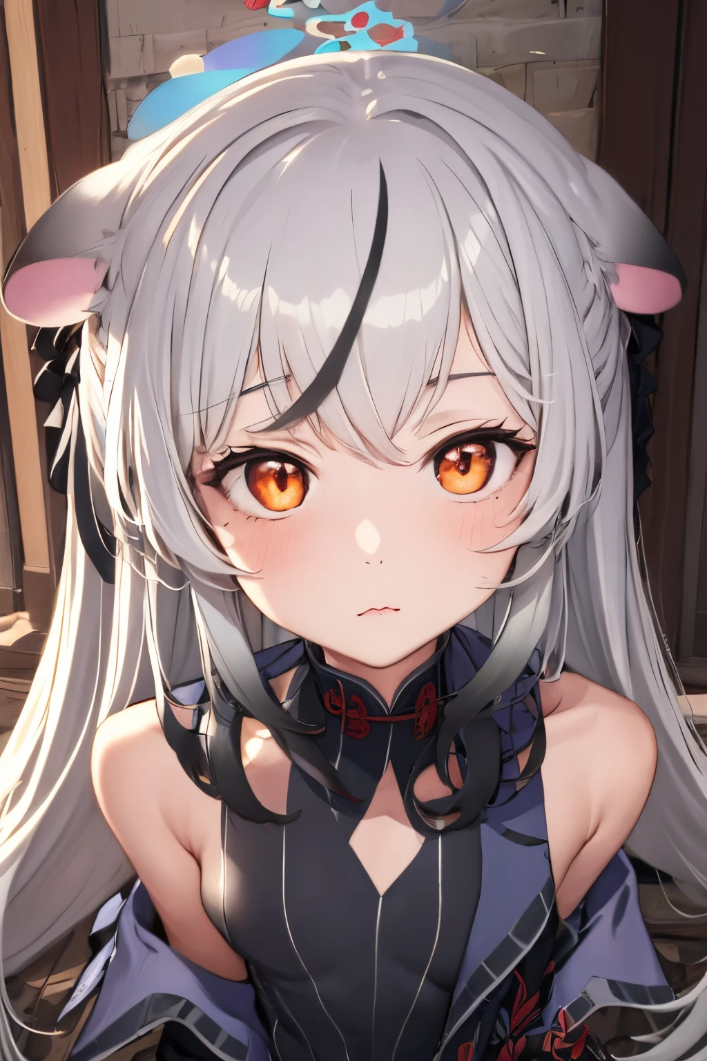(best quality,ultra-detailed,masterpiece:1.2), 1girl, kokona, indoors, orange eyes, white hair, :3, beautiful detailed eyes, beautiful detailed lips, extremely detailed eyes and face, long eyelashes, close-up, warm lighting, vibrant colors