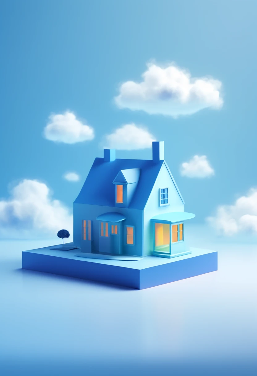 Virtual art, 3D, a gradient background, a miniature scene of a minimalist house surrounded by clouds, fashionable, popular acid design,