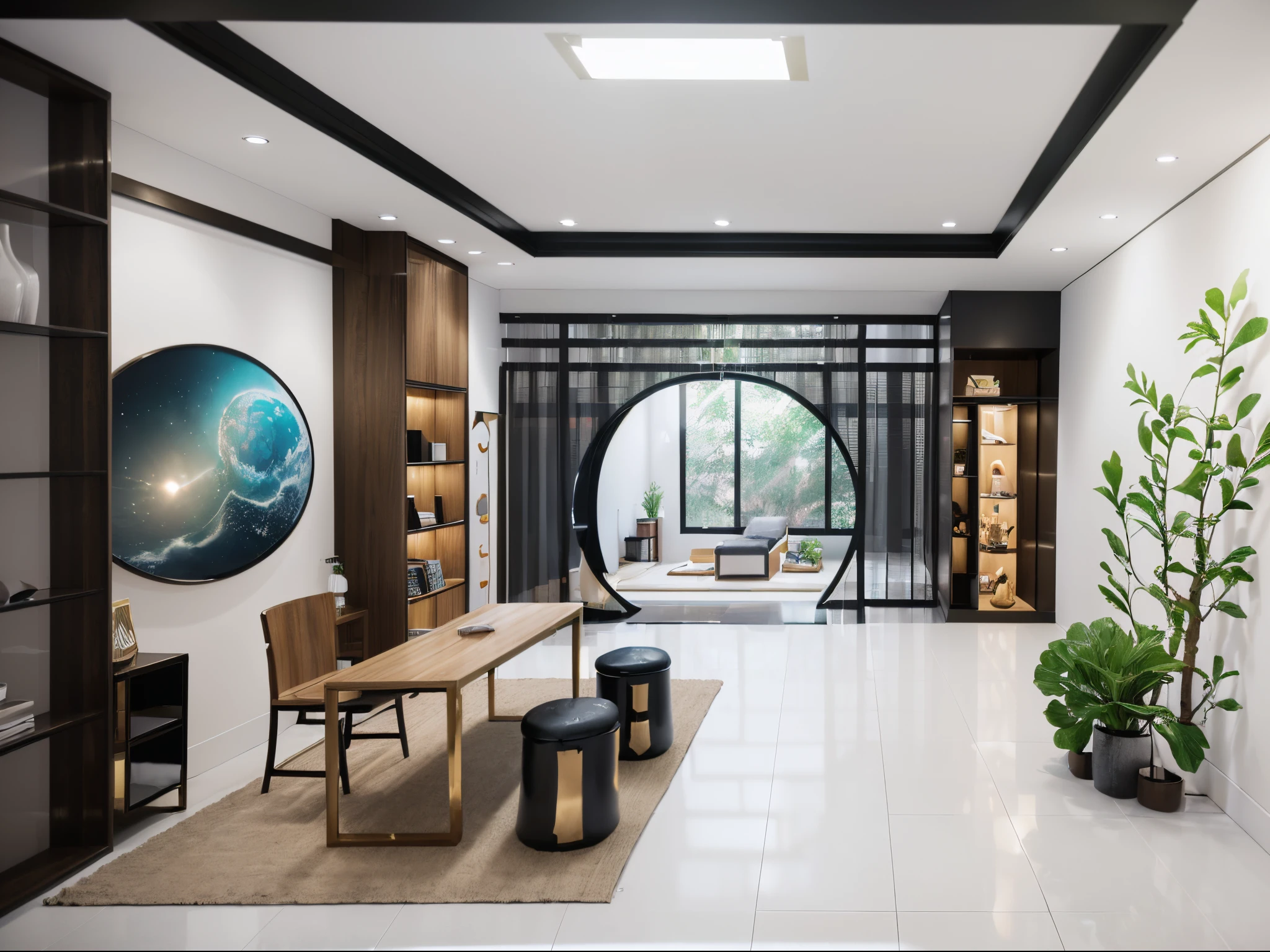 Morden space design, (((volumetric light:1.2))), (Masterpiece,best quality,8k uhd,dslr,soft lighting,high quality,hyper detail,film grain,Fujifilm XT3, UE 5 render 8k, super high resolution, supper detail:1.2), color block wall decor, abtract poster decor, glossy terazzo floor:1.3,OPEN POSE