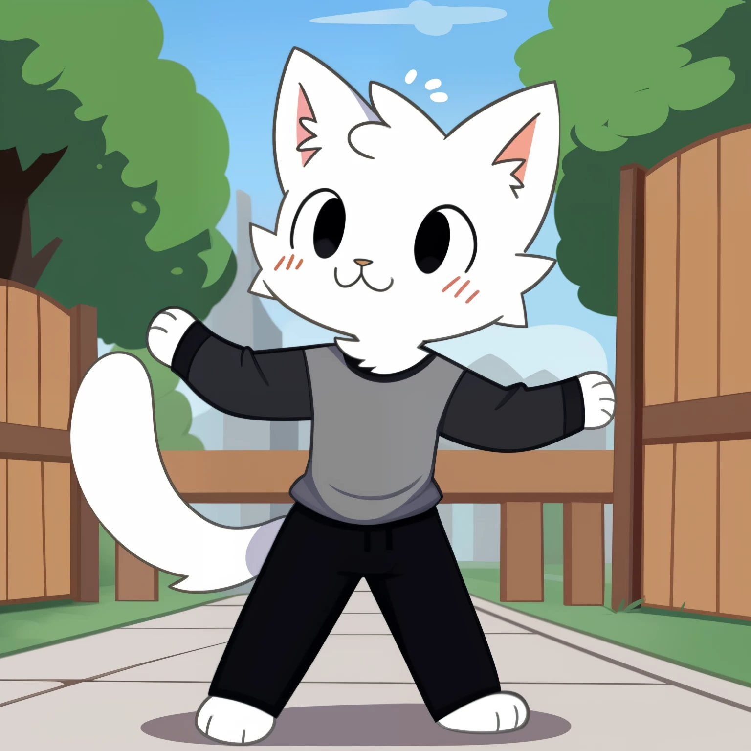 white cat illustration, very fluffy fur、male、light grey shirt、Black eyes、Long black pants、Physical Normality、*****、Heavy cartoony eyes、long-sleeve、Waist-length clothing、doodle, outside background, neck fluff, white cat tail, paws, surprised expression