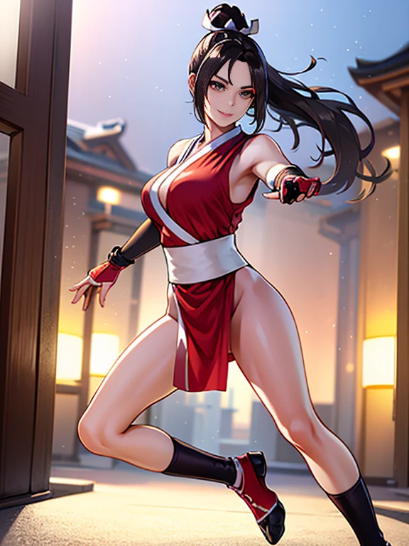 Shiranui mai, Brown eyes, Full body, Long hair, Brown hair, White ribbon, Sleeveless, poneyTail, sash, pelvis curtain, arm guards, mitts, tabi, fascinated expression, Sexy eyes, medium breasts, Smile, Cute, view the viewer, Long hair, Close to Japan temple, (breasts focus:1.2), (Realistic:1.2), (Full Shot: 1.2), (Realism), (masutepiece:1.2), (Best Quality), (ultra-detailliert), (8K, 4K, Convoluted), (85 mm), light Particle, Lighting, (Highly detailed:1.2), (Detailed face:1.2), (gradients), SFV, Colorful, (Detailed eyes:1.2), (Detailed temples of Japan: 1.2),(Detailed background), (Dynamic Angle:1.2), (Dynamic Pose:1.2), (Line of action:1.2), Wide Shot, Daylight, Solo, tabi, Black Tabi Socks.