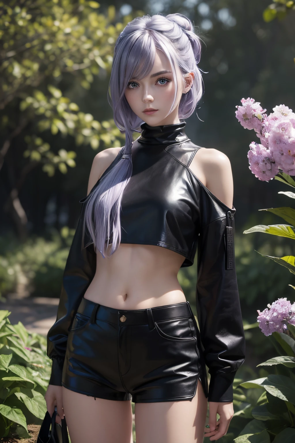 The tooltip for a given topic is as follows: "Girl with a European face, Aryan face, 20years old, Silvery-purple hair, pale purple-blue hair, Bright blue eyes, Her hair is tied up in a bun and falls to her right shoulder. Dressed in a comfortable leather suit, ((black shorts)), Black Leather Leggings, (((clothes in dark colors))), close-fitting clothes, (Best Quality, 4k, 8K, hight resolution, Masterpiece:1.2) Ultra-detailed features, including realistic, Photorealistic eyes and face. The figure shows the media (Insert Material) that resembles an illustration, oil painting, or 3D rendering. Girl in the garden with bright flowers and sharp focus, soft studio lighting. The overall atmosphere is calm and serene, with a touch of unearthly beauty. The color scheme is dominated by shades of black, Creating a dreamy and surreal aesthetic."