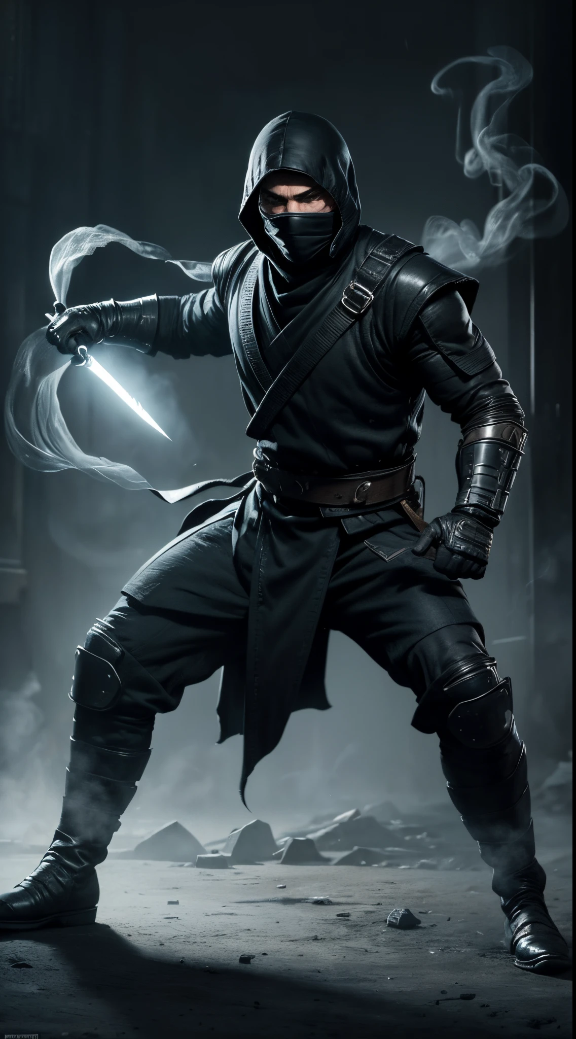 actor ((Cillian Murphy)) as Smoke from Mortal Kombat, fighting stance, light gray ninja-like outfit, black ninja mask, light gray gloves, light gray boots, intricate, high detail, sharp focus, dramatic, photorealistic painting art by greg rutkowski
