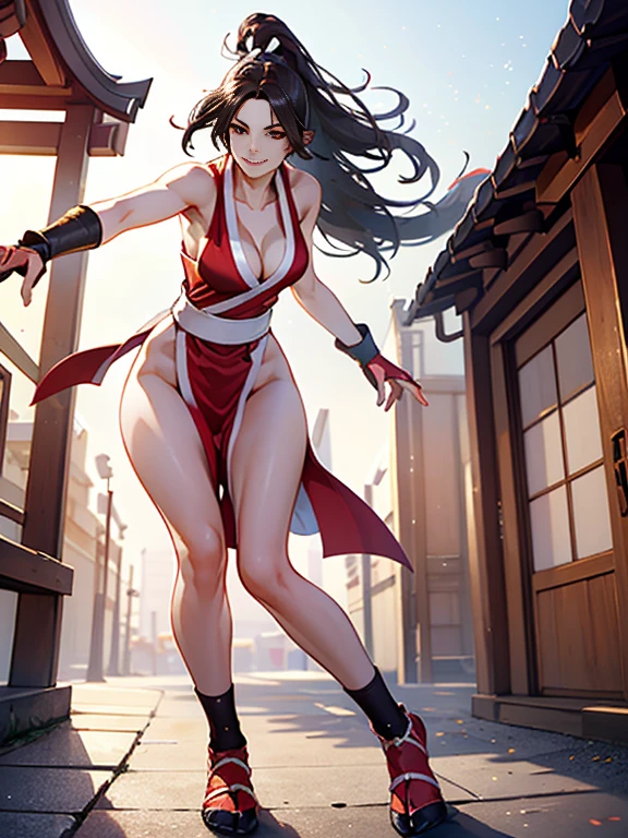 Shiranui mai, Brown eyes, Full body, Long hair, Brown hair, White ribbon, Sleeveless, poneyTail, sash, pelvis curtain, arm guards, mitts, tabi, fascinated expression, Sexy eyes, medium breasts, Smile, Cute, view the viewer, Long hair, Close to Japan temple, (breasts focus:1.2), (Realistic:1.2), (Full Shot: 1.2), (Realism), (masutepiece:1.2), (Best Quality), (ultra-detailliert), (8K, 4K, Convoluted), (85 mm), light Particle, Lighting, (Highly detailed:1.2), (Detailed face:1.2), (gradients), SFV, Colorful, (Detailed eyes:1.2), (Detailed temples of Japan: 1.2),(Detailed background), (Dynamic Angle:1.2), (Dynamic Pose:1.2), (Line of action:1.2), Wide Shot, Daylight, Solo, tabi, Black Tabi Socks.