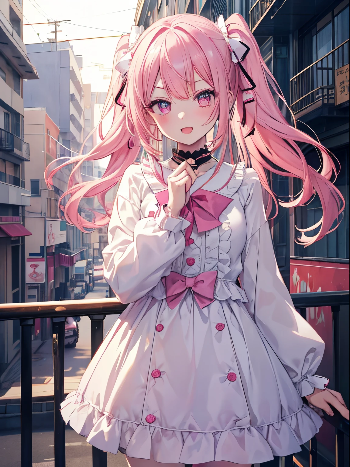 masutepiece, Highest Quality, (Perfect face:1.1), (high detailing:1.1), (ultradetailed eyes), Dramatic,  superfine illustration, Extremely detailed,1girl in, (pale skin),Smile, Open mouth,gloweyes,pinkhair, (Twin-tailed),Ethereal eyes, pink eye,(light eyebrow),blush, Solo,, Pouty lips,Cinematic lighting,Cowboy Shot,Lolita clothes,frilld, bow ribbon, Pink, Long sleeve, balconies、The weather is sunny、Bright sunshine