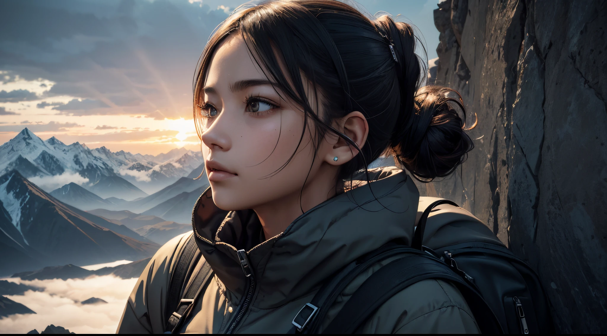 A woman with a backpack,1人の女性，Lateral face，standing on top of a mountain，3/4 back sideways,Look at the mountains ahead, Hair color, hair pin,  Long eyelashes, cover their ears,  Serious, face expressionless, modern, depth of fields, 电影灯光, ray traycing, god light, hyper HD, 4K, Best quality, super detailing, ctextured skin, Anatomically correct, high detal, high high quality, Award-Awarded