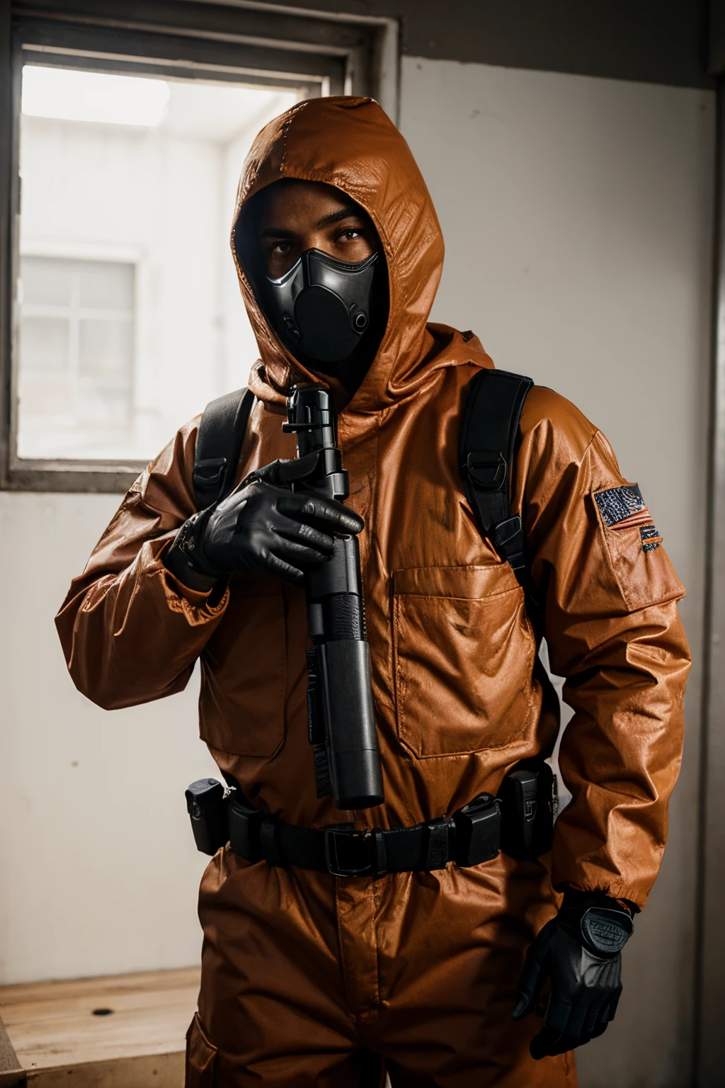 Crie um personagem do jogo Rust usando uma roupa chamada HAZMAT segurando uma arma, ultra realista, muitos detalhes, FULL HD