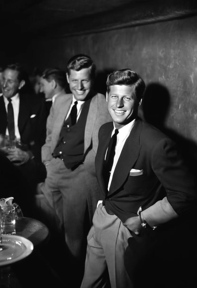 A photo of Kennedy enjoying a night out at a jazz club,original,John F. Kennedy, the 35th President of the United States, was renowned for his handsome, charismatic appearance, with his wavy hair, engaging smile, and a sense of style that exuded confidence and charm. His tailored suits and poised demeanor contributed to a public image of youthful vigor and sophistication.