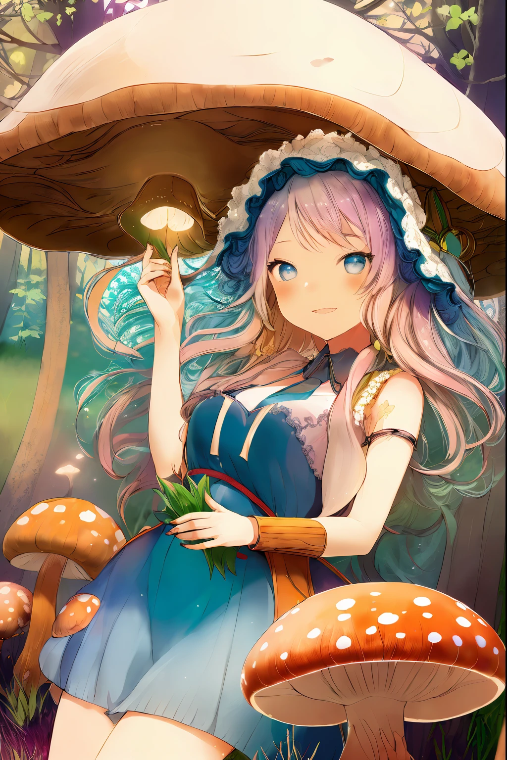 (a girl with) mushroom on head, detailed hair, colorful mushrooms all over, vibrant colors, fantasy style, ethereal lighting, best quality, ultra-detailed, dreamy atmosphere, magical forest background, whimsical, surreal scene.
