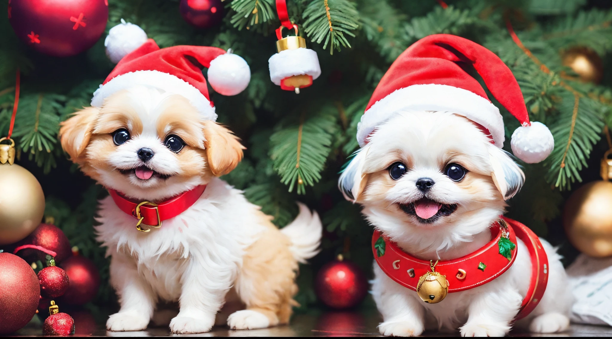 3D vector art、Colorful cute white pekingese dog、wearing a christmas hat,A bell is attached to the collar、 cute christmas present, Ultra-realistic high quality, Cute and quirky, Fantasy Art, Watercolor effect