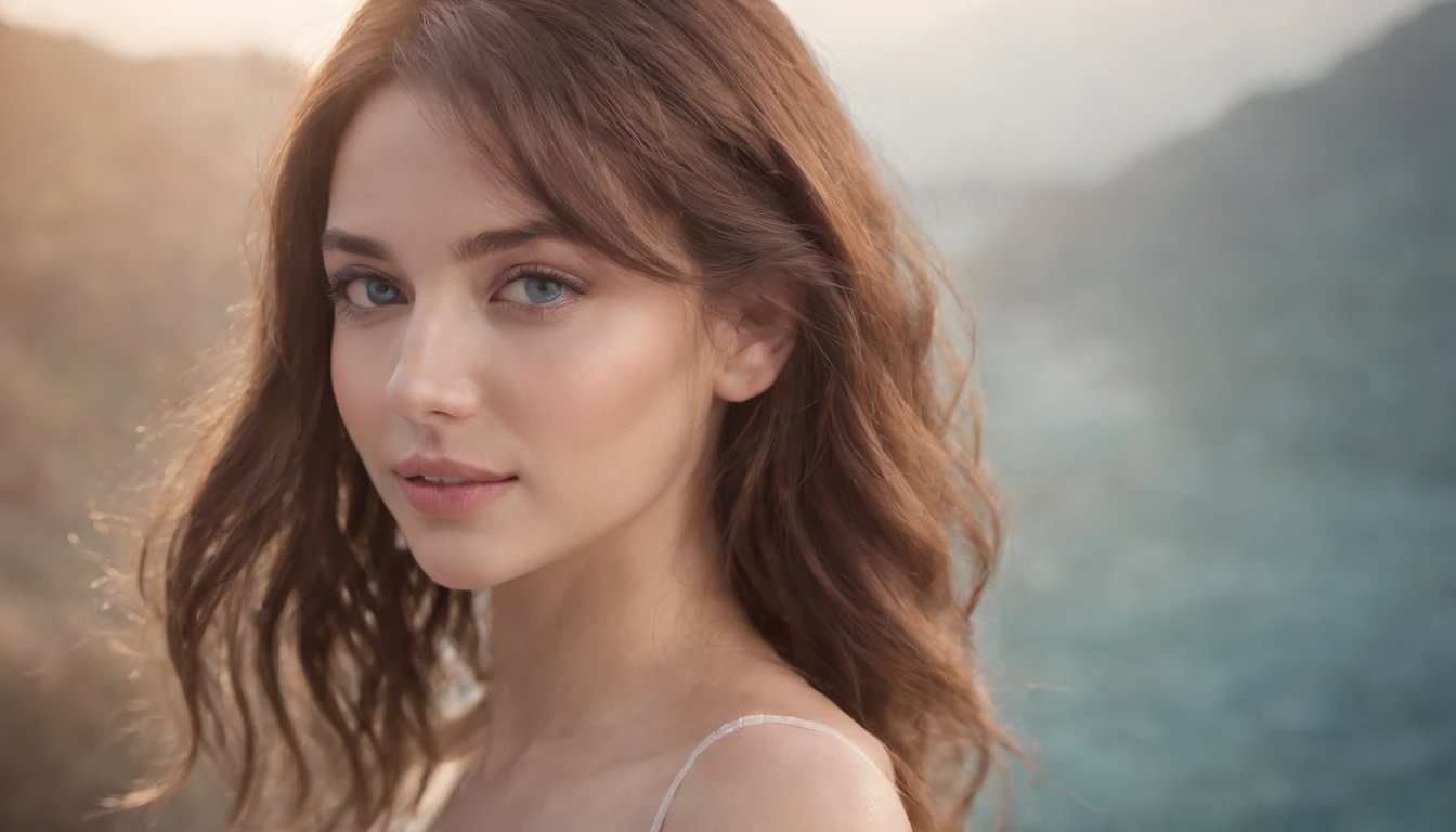 brown hair, hair behind ear, messy hair, hair over shoulder, shiny hair, eyeball, aqua eyes, blush, seductive smile, big breasts, Surrealism, Hyperrealism, Verism, depth of field, Fujicolor, isometric, Fujifilm, f/1.8, UHD, textured skin, highres, 8k, ccurate, high details