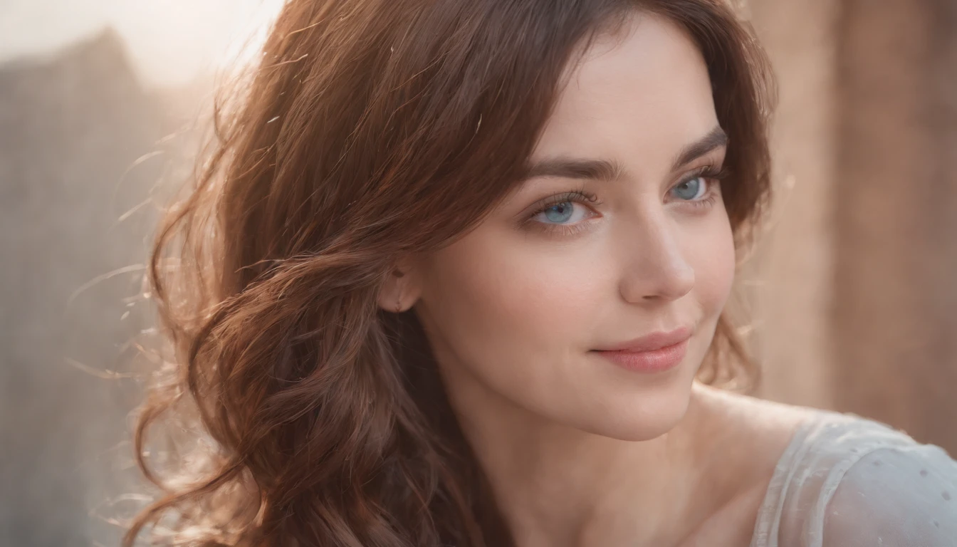 brown hair, hair behind ear, messy hair, hair over shoulder, shiny hair, eyeball, aqua eyes, blush, seductive smile, big breasts, Surrealism, Hyperrealism, Verism, depth of field, Fujicolor, isometric, Fujifilm, f/1.8, UHD, textured skin, highres, 8k, ccurate, high details