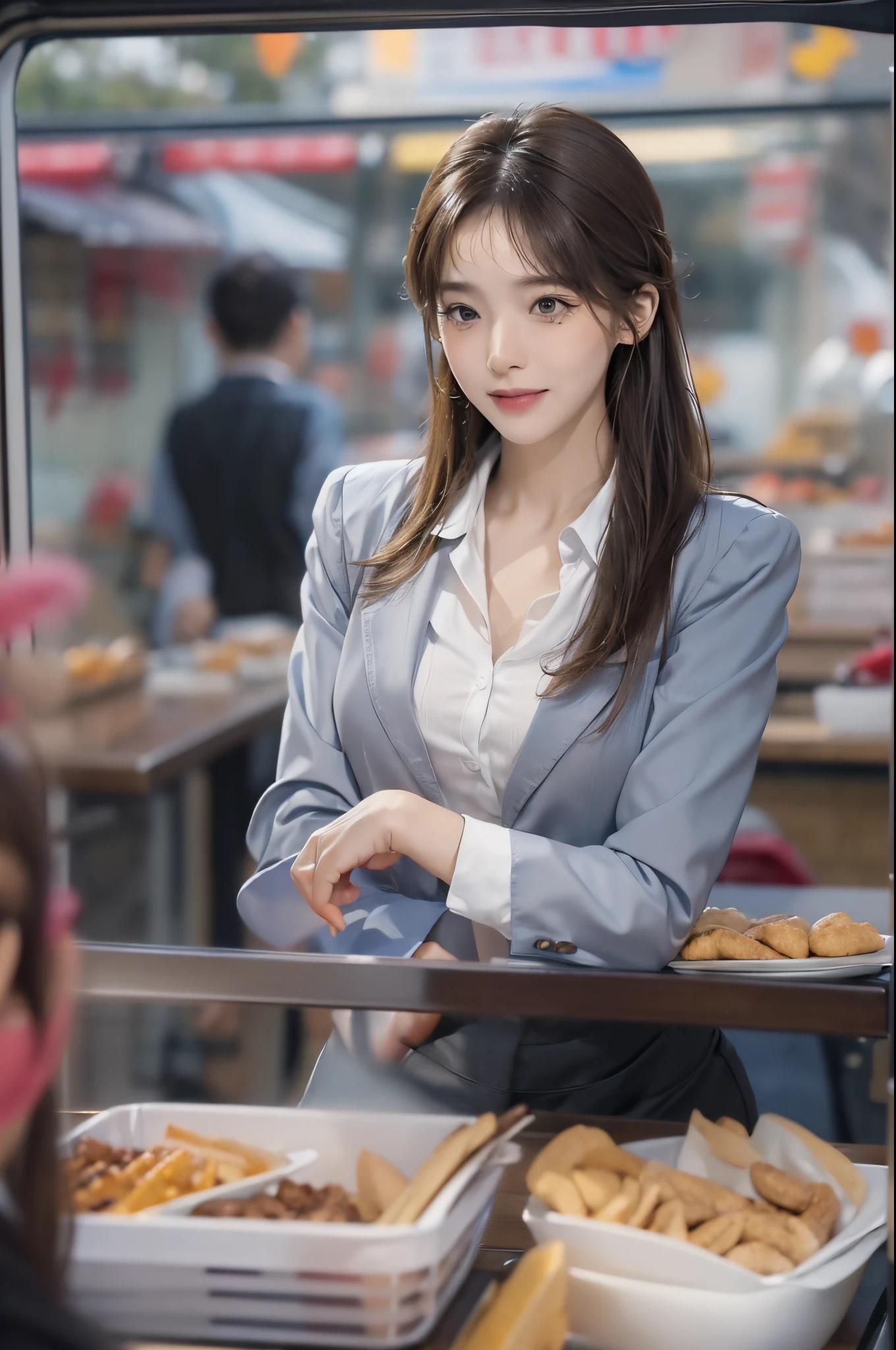 Lunchtime photo of an office lady wearing a suit and tight miniskirt, stand in front of a food truck, carefully choosing her meal from the menu. Capture scenes with great attention to detail, Introducing the gentle demeanor and versatility of kitchen cars&#39;menu of. ((top-quality、8K、​masterpiece:1.3))、(((1girl in)):1.3),((anatomy correct):1.45)、(Full body:1.5)、(((28 year old)))、foco nítido:1.2、(realisitic、Photorealsitic:1.37)、(brunette disheveled hair:1.3)、Gaze towards the viewer、Beautiful Face Woman、28 year old、pointed chest、long eyeslashes、Colorcon、Big 、delicated、Very detailed eyes、Highly detailed eyebrows、（Sharp Eyebrows）、（Thin eyebrows）、very vey very detailed face、A smile