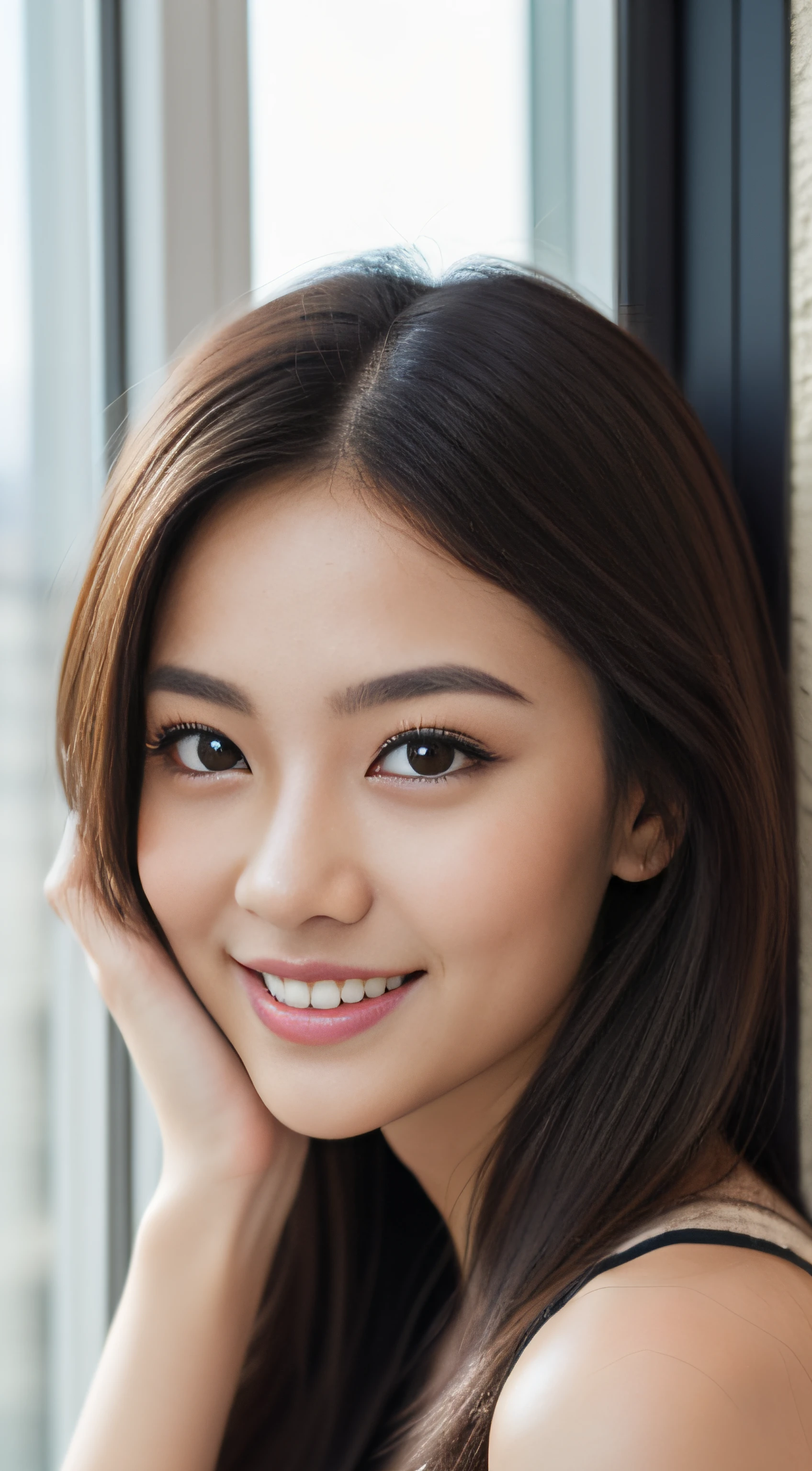 The face is a hostess、hiquality、A hyper-realistic、healthy、Smiling expression、Slender perfect figure、Japan beauties、beautidful eyes、face perfect、Beautiful skin、head shot、Background is an office on a high floor、by the window