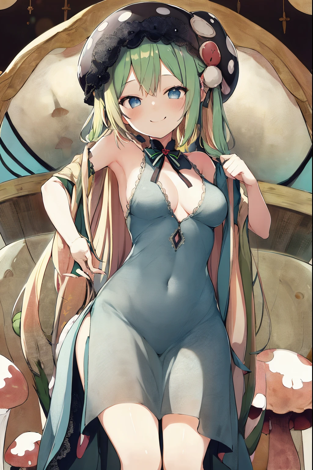 cute girl, mushroom on head, seductive smile
