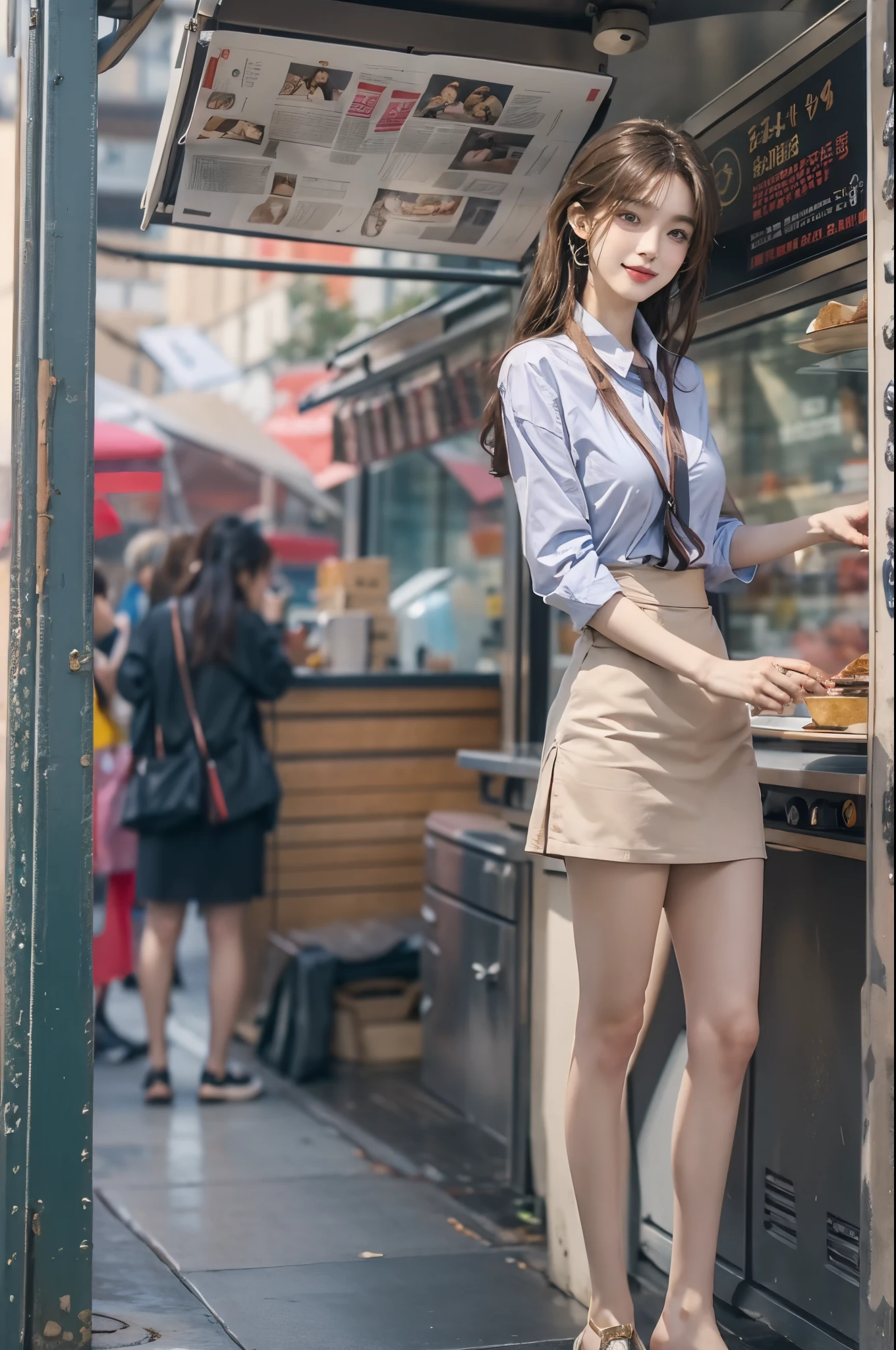 Lunchtime photo of an office lady wearing a suit and tight miniskirt, stand in front of a food truck, carefully choosing her meal from the menu. Capture scenes with great attention to detail, Introducing the gentle demeanor and versatility of kitchen cars'menu of. ((top-quality、8K、masterpiece:1.3))、(((1girl in)):1.3),((anatomy correct):1.45)、(Full body:1.5)、(((28 year old)))、foco nítido:1.2、(realisitic、Photorealsitic:1.37)、(brunette disheveled hair:1.3)、Gaze towards the viewer、Beautiful Face Woman、28 year old、pointed chest、long eyeslashes、Colorcon、Big 、delicated、Very detailed eyes、Highly detailed eyebrows、(Sharp Eyebrows)、(Thin eyebrows)、very vey very detailed face、A smile