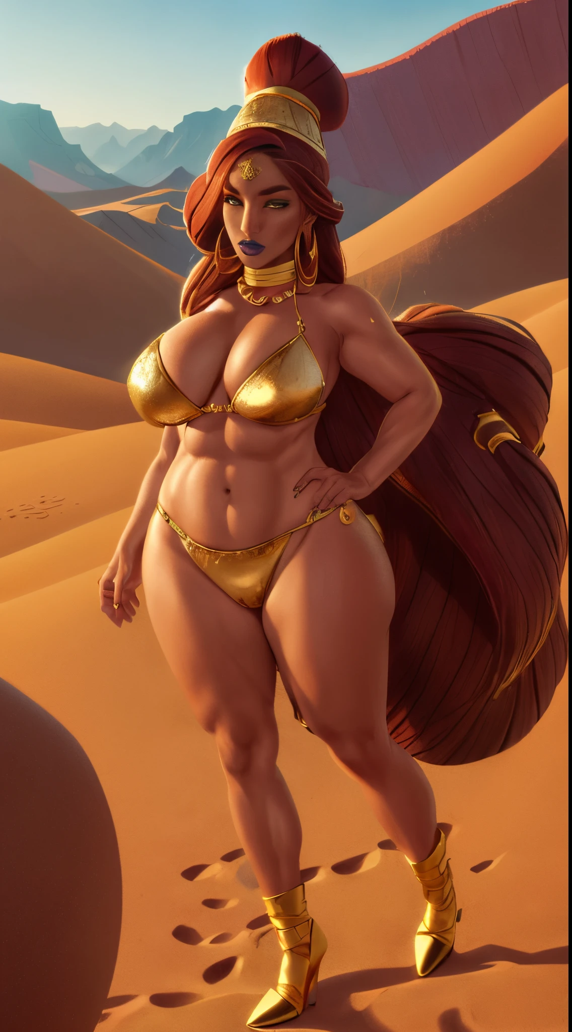 ultra - detailed, Alone, 1 extremely exaggerated tall, strong, plump and sexy girl, full-body portraits, actual, strong, warriors, male people:0.5 Face focus, (Determined gaze:1.0), Dark skin, Dark-skinned women, pointy ears, redheadwear, green-eyed, lipsticks, blue lips, (strong facial features), large nose, (Wide nose bridge:0.5), strong nose, Long Nose, ((long narrow face)), (Strong cheekbones), (Narrow chin), jewely, (gold ring on forehead),She has extremely exaggeratedly huge thick breasts,Abs,Extremely exaggerated and huge thick buttocks, Super long big thick legs,Extremely exaggerated thick leg muscles,Wearing a jewelry chain to cover the body,Gorgeous gold high heels,A desert, Detailed pubic hair, lightly blurry, Film full body portrait photography, 35㎜ film, cinematic ligh,full body shot shot。