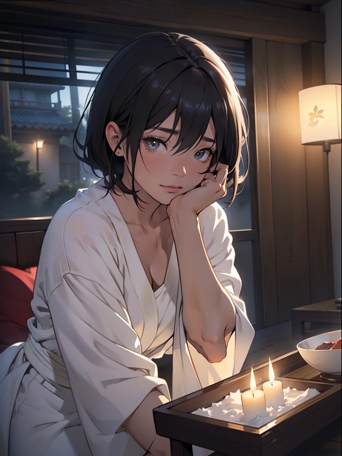 tmasterpiece, A high resolution, illustratio, in style of kyoto animation, Your name is cinematic style, the night, midynight, the soft light, enchanting glow, (1人の女性: 1.3), (Alone: 1.4), Long eyelashes, a short bob, nase_Be red in the face, avas_beak, futon, nakeness, nakeness, Towels, I can play, dynamic viewing angle, opinion, bokeh, Depth-of-fie_'s_venue, Translucent fluid flowing from the_ hereinafter
