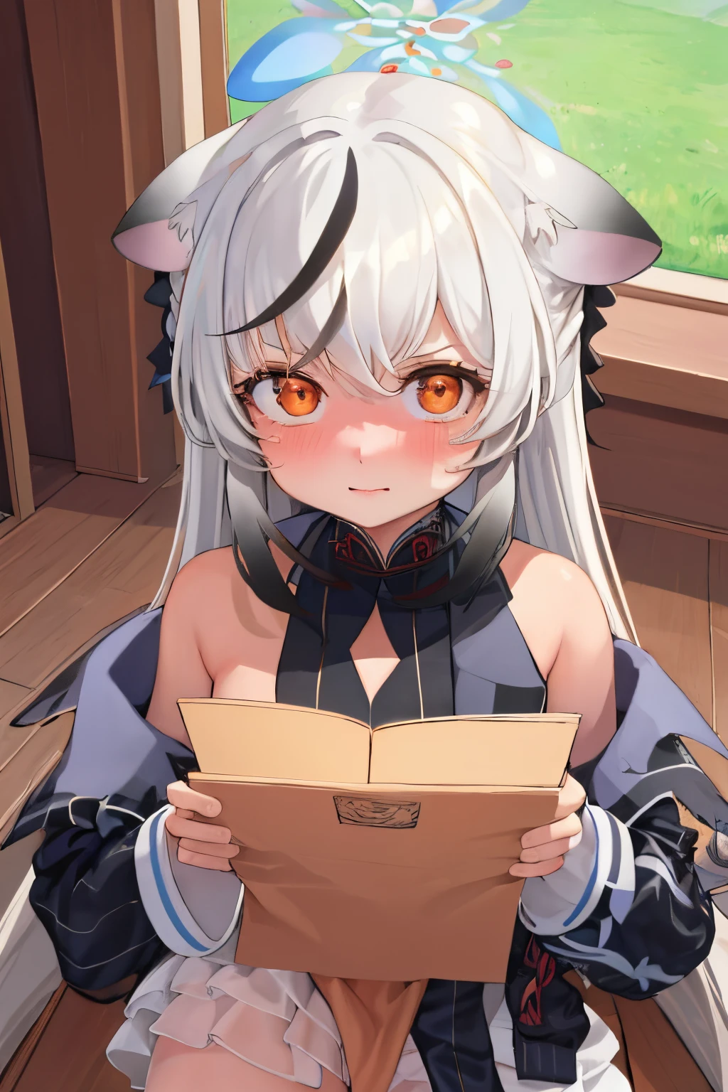 (best quality,ultra-detailed,masterpiece:1.2), 1girl, kokona, indoors, orange eyes, white hair, :3 mount, Focus face, embarrassed, beautiful eyes, beautiful lips, shiny lips, extremely detailed eyes and face, long eyelashes, close-up, warm lighting, vibrant colors, looking at the viewer