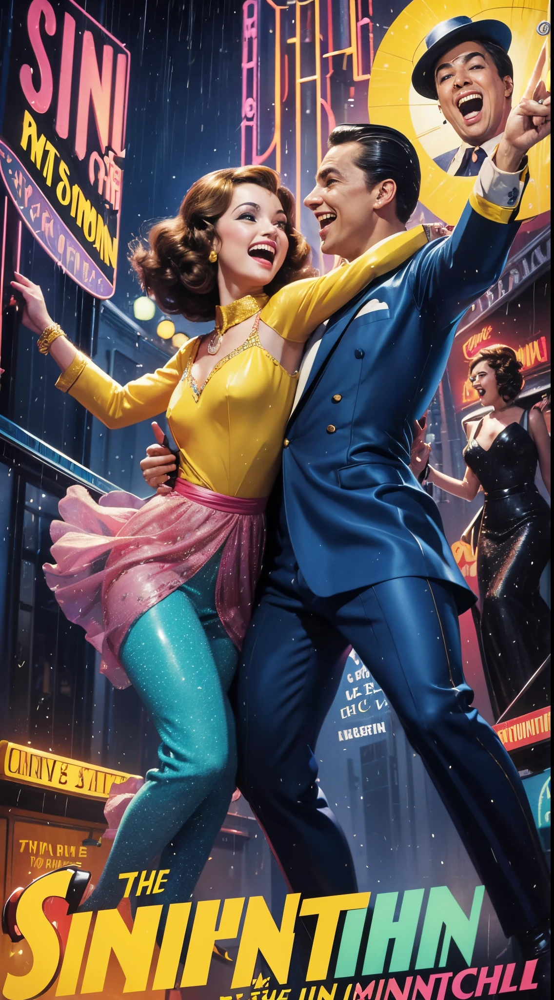 An image of a vibrant vintage movie poster for "Singin' in the Rain," capturing the joy and energy of the musical with a colorful and lively composition, detailed, realistic, HD, trending on ArtStation, in the style of Al Hirschfeld, Jack Davis, and Jean Mascii.