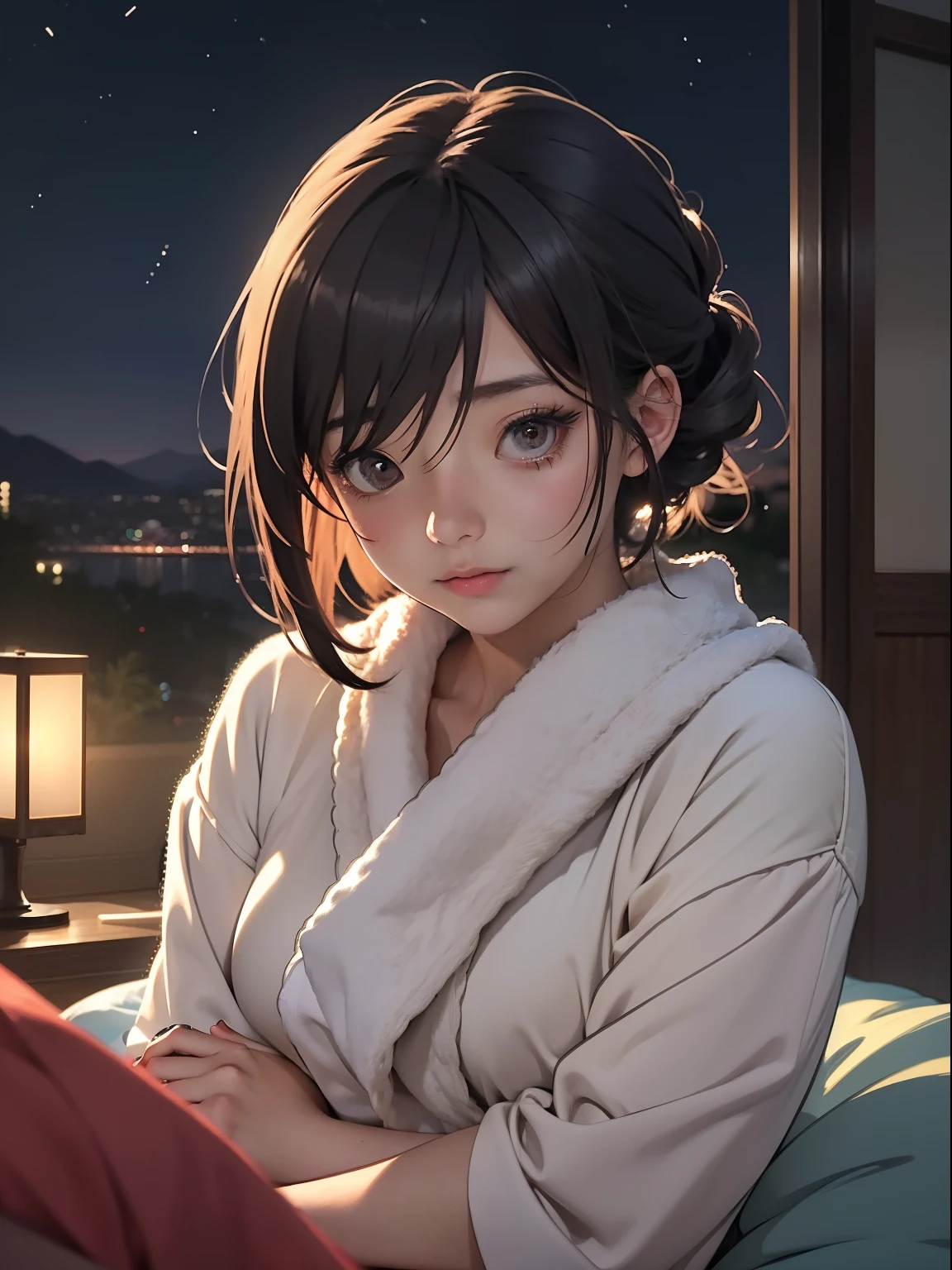 tmasterpiece, A high resolution, illustratio, in style of kyoto animation, Your name is cinematic style, the night, midynight, the soft light, enchanting glow, (1人の女性: 1.3), (Alone: 1.4), Long eyelashes, a short bob, nase_Be red in the face, avas_beak, futon, nakeness, nakeness, Towels, I can play, dynamic viewing angle, opinion, bokeh, Depth-of-fie_'s_venue, Translucent fluid flowing from the_ hereinafter