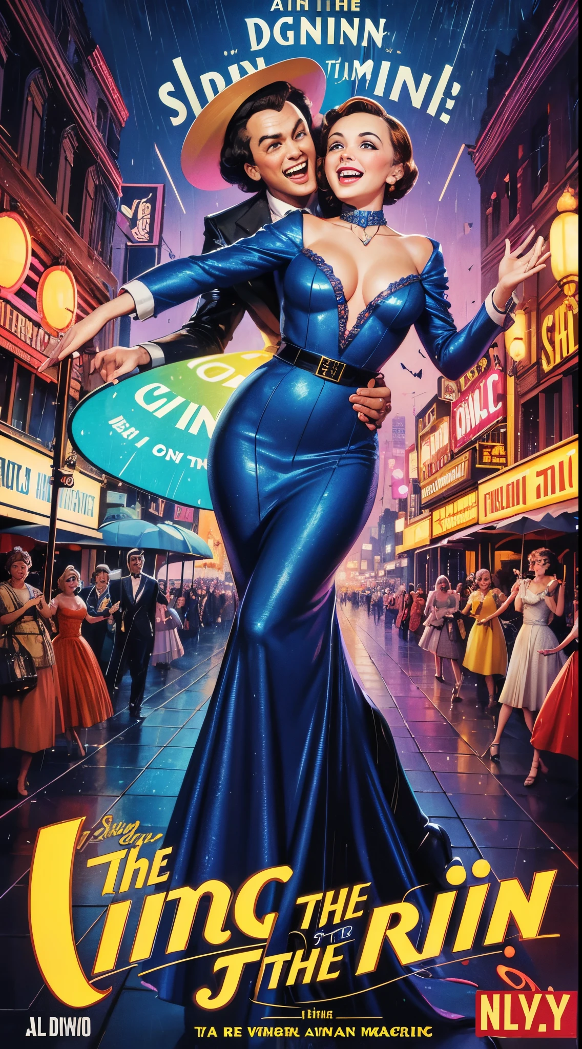 An image of a vibrant vintage movie poster for "Singin' in the Rain," capturing the joy and energy of the musical with a colorful and lively composition, detailed, realistic, HD, trending on ArtStation, in the style of Al Hirschfeld, Jack Davis, and Jean Mascii.