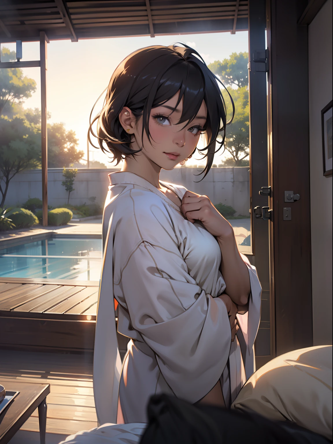 tmasterpiece, A high resolution, illuminations, in style of kyoto animation, Your name is cinematic style, natta, midynight, the soft light, enchanting glow, (1人の女性: 1.3), (Alone: 1.4), Long eyelashes, a short bob, nase_The face is red, awas_beaks, futon, nakeness, nakeness, Towels, i can play, dynamic viewing angle, Perspectives, bokeh, depth of fields_'s_venue, translucent liquid from_ hereinafter