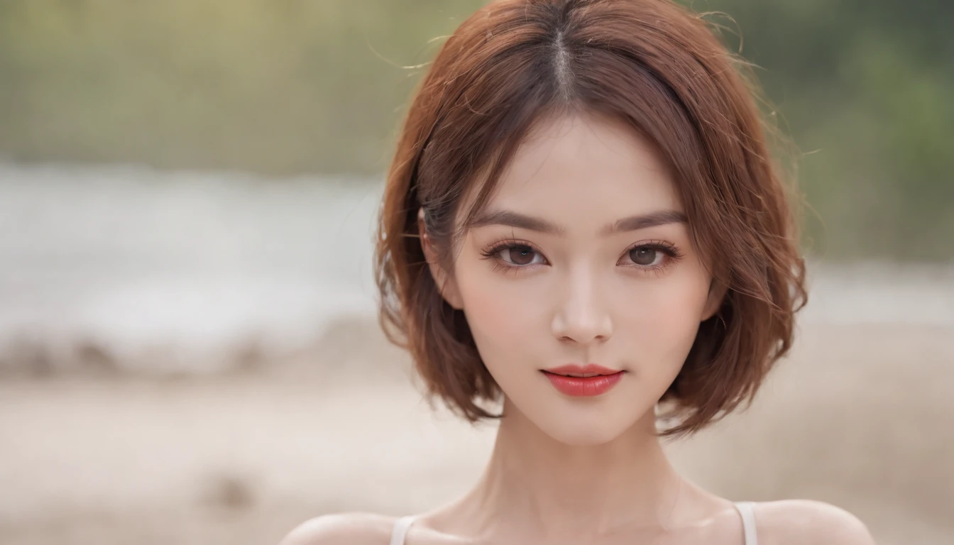 NSFW, 8k RAW photo, Best Quality, ((masutepiece)), 超A high resolution, Film grain, filmg,( 20yr old, Slender face, 1girl in, slanted eye, eyesight, long eyelashes, Eye Highlights), Looking at Viewer, Natural Skin Texture, A perfectly proportioned face, realistic eyes and face details, Full lips, lip stick, (makeup), Red eyeshadow, Perm Hair, Fluffy short hair, hair messy, Smile, closes mouth, Beautiful legs, Tall lady, skinny, slim_Legs, Solo, huge-breasted, cleavage, White small bikini style swimsuit, (Detailed background), huge-breasted, cleavage, lowfers, Blurry background, Blurry, Short sleeves, Brown hair, Bangs, a necklace, Parted lips, Lips, From Side, depth of fields,long legged,ample breasts,