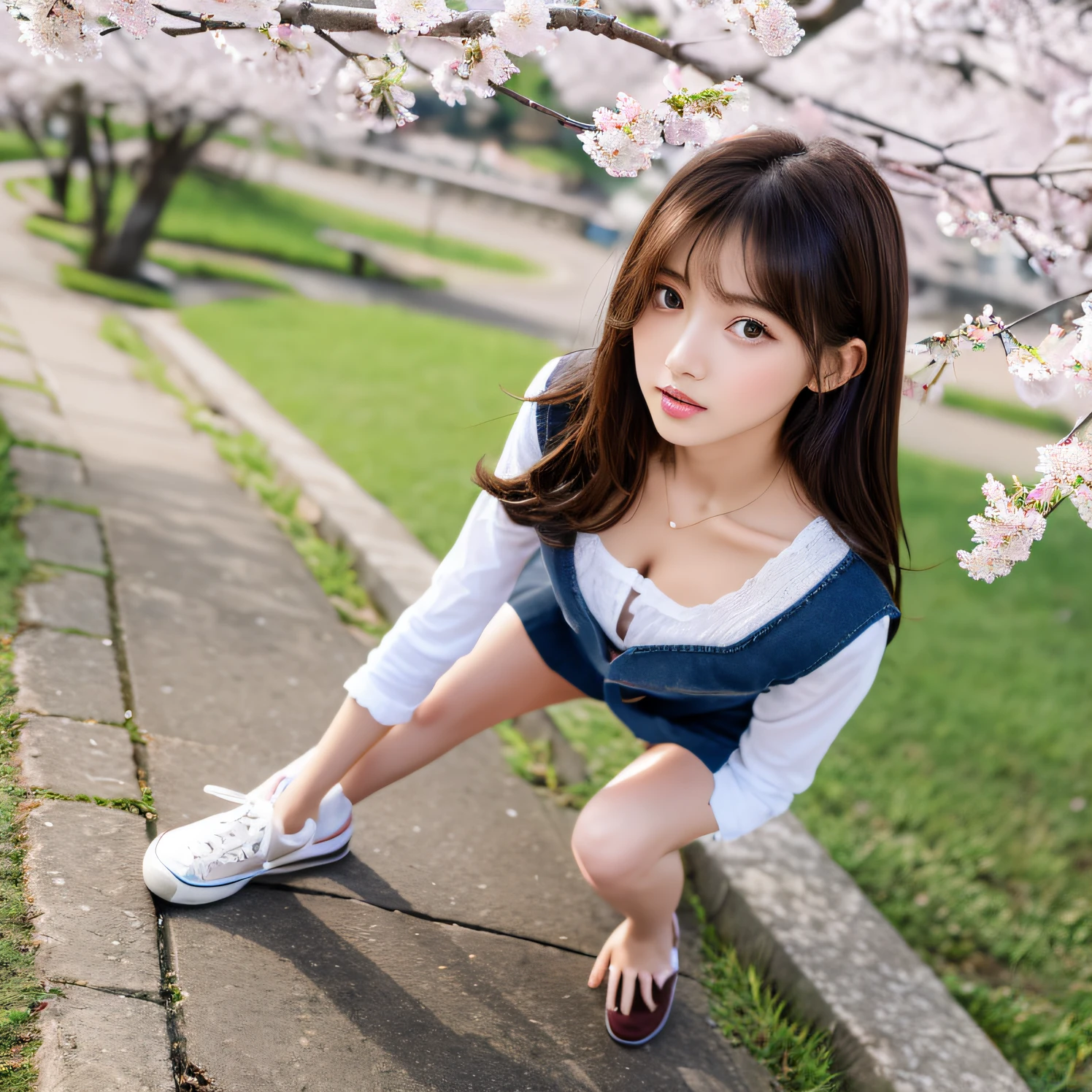 Superfine、masterpiece、Top image quality、An ultra-high picture quality、8K high image quality、photo sharp、Graininess、gradients、spring outdoors、during daytime、River、cherry blossom in full bloom、perfect human body proportions、hard disk、Telop、Nikon Z9 80mm Lens、Standing、校服、blazers、a miniskirt((crouch down、((Beautiful eyes、Thin eyebrows、Beautiful lips)))、Looking at the camera、The most popular beautiful girl in school、Ultra-slim body、G-cup Bust、Slim model body type、Beautiful posture、Cute face、Angle from below、2 girls in(Longhaire、short-cut)