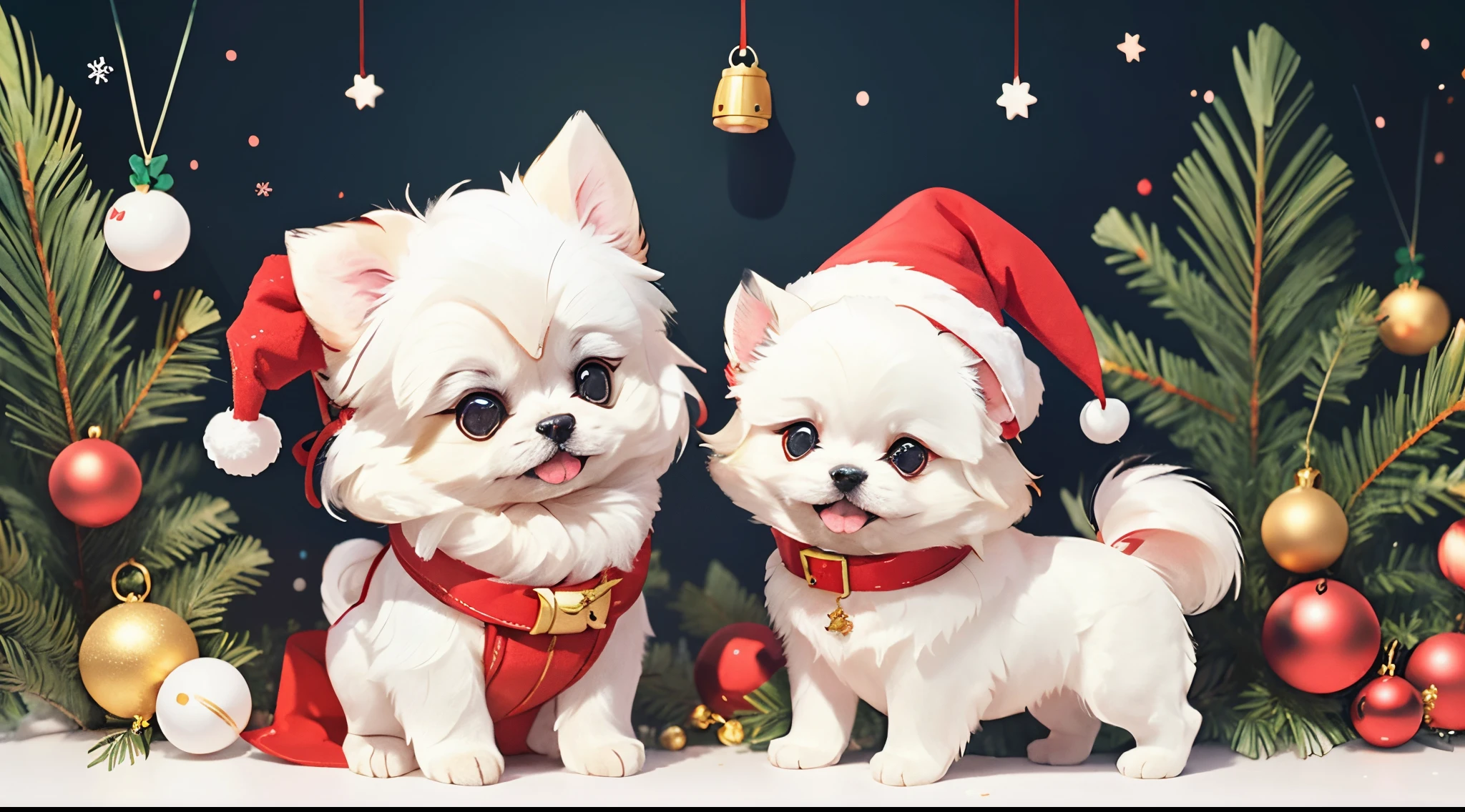 3D vector art、Colorful cute white pekingese dog、wearing a christmas hat,The collar has a bell、 cute christmas present, Ultra-realistic high quality, Cute and quirky, Fantasy Art, Watercolor effect