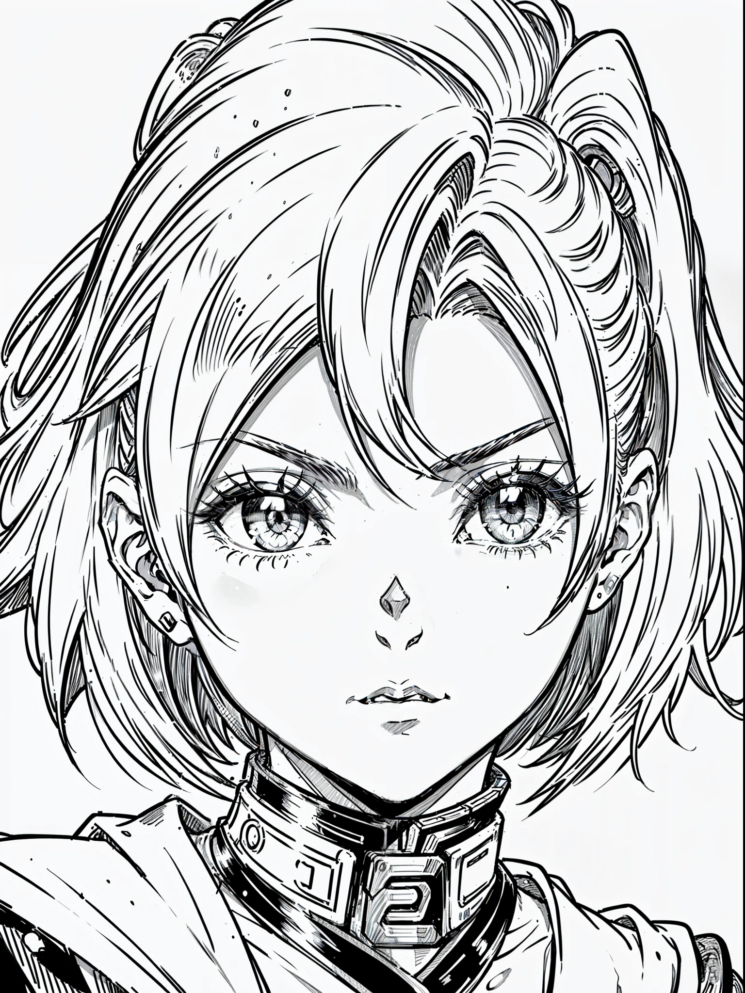 {8k image}, Alexis rhoades (Yu-Gi-Oh), 25 years old, busty, greek nose and thin lips, short blonde hair, looking at the viewer with a neutral expression, {close on face}, no background, manga lineart, lineart, no colors, monochrome