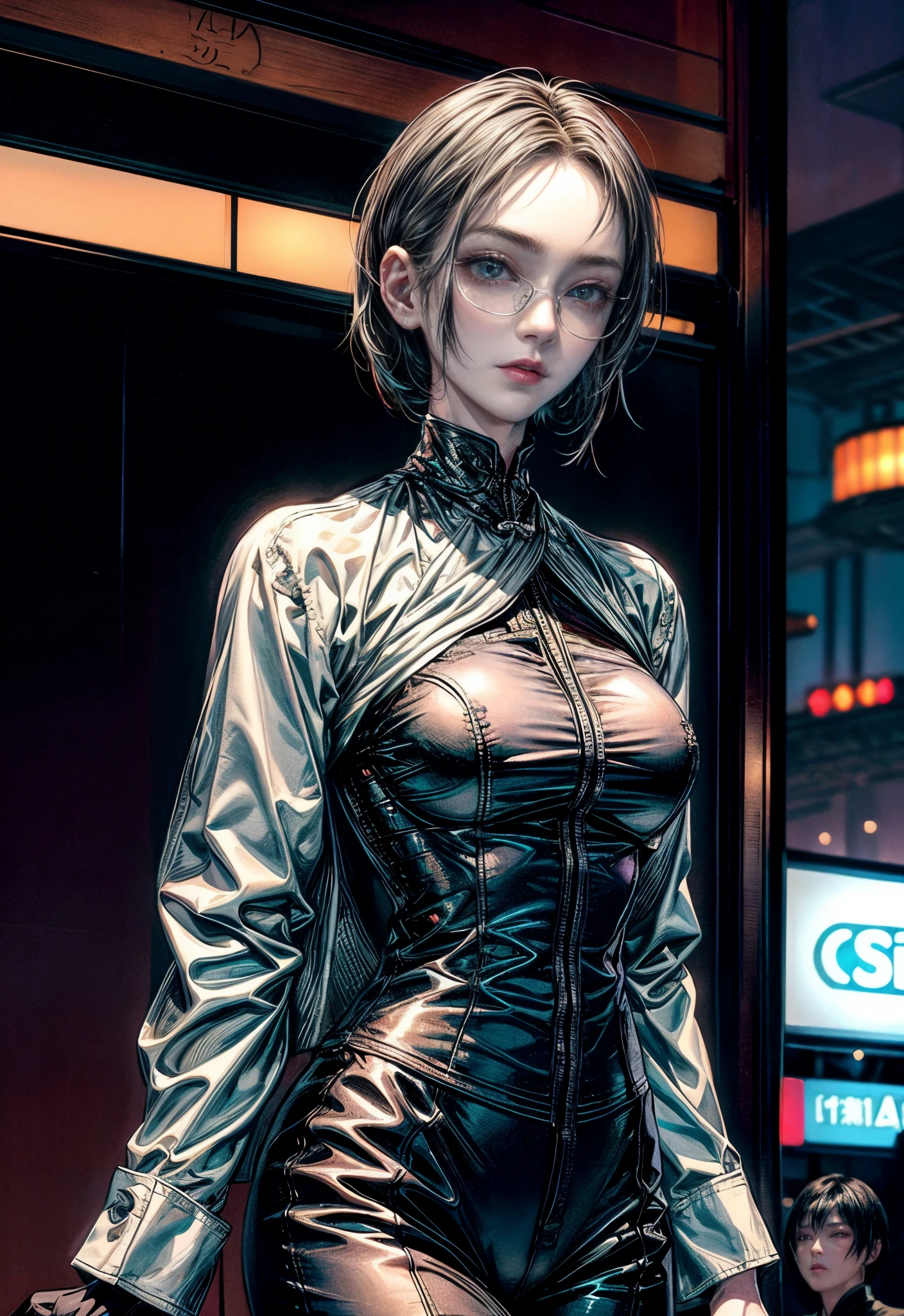 Cinematic lighting,super detailed skin、Beautiful detailed eyes、Best Quality,cyberpunked,(Alternative、dim colors, Soothing tones、Perfect ???????:1.3),NSFW(1beautiful woman、Detailed beautiful facial features:1.3)（black hair shorthair、eye glass:1.5）(well-shaped breasts、White shirt、Black Satin Suit Slacks:1.2).（black formal jacket:1.3）（First revealed:1.6）（Dynamism:1.4）airport、natta。jpn