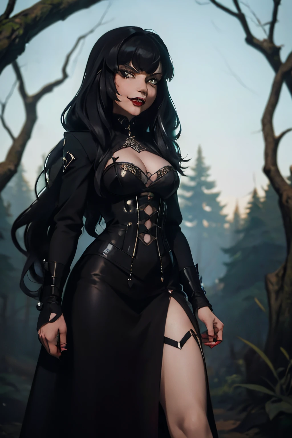 ((masterpieve, best quality, highres, UHD, perfect pixel, depth of field, 4k, RTX, HDR)) 1girl, solo, beautiful woman ((long hair, bangs, wavy hair, black hair, super long hair)) big beautiful eyes, plump lips, sexy smirk, smug smirk, blood dripping from lips, gothic clothing, gothic dress, emo aesthetic, punk goth aesthetic, standing in forest, dark gloomy forest, bloody mouth