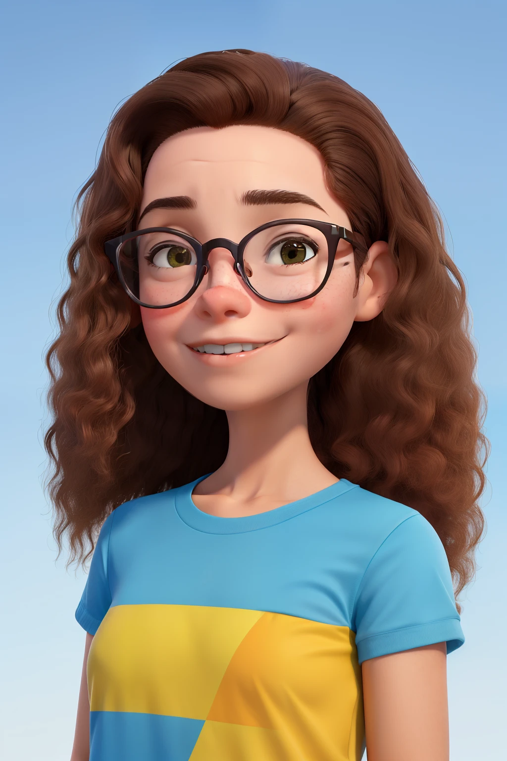 Uma adolescente de anos, mas com um corpo de mulher, cabelos curtos e franja meio grande, wears clear glasses, hair color is brown with some red spots, gosta muito de desenhar e prefere ser design, is clumsy and agitated, mas tem certos problemas de ansiedade e com o passado
