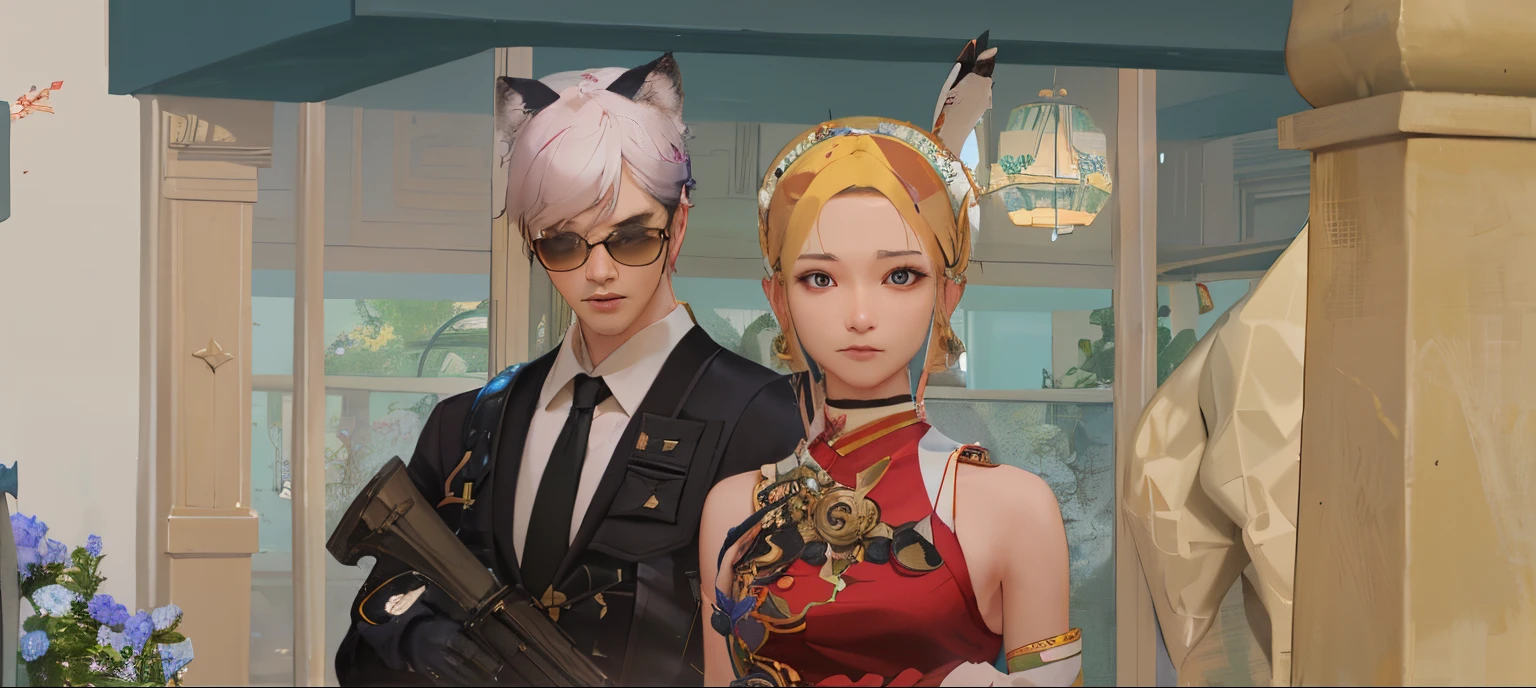 there are two people dressed up in costumes standing next to each other, & jeehyung lee & wlop, kda and sam yang, from ncsoft, nixeu and sakimichan, korean mmo, ruan jia and brom, korean mmorpg, sakimichan and frank franzzeta, inspired by Jang Seung-eop, inspired by Wang Duo