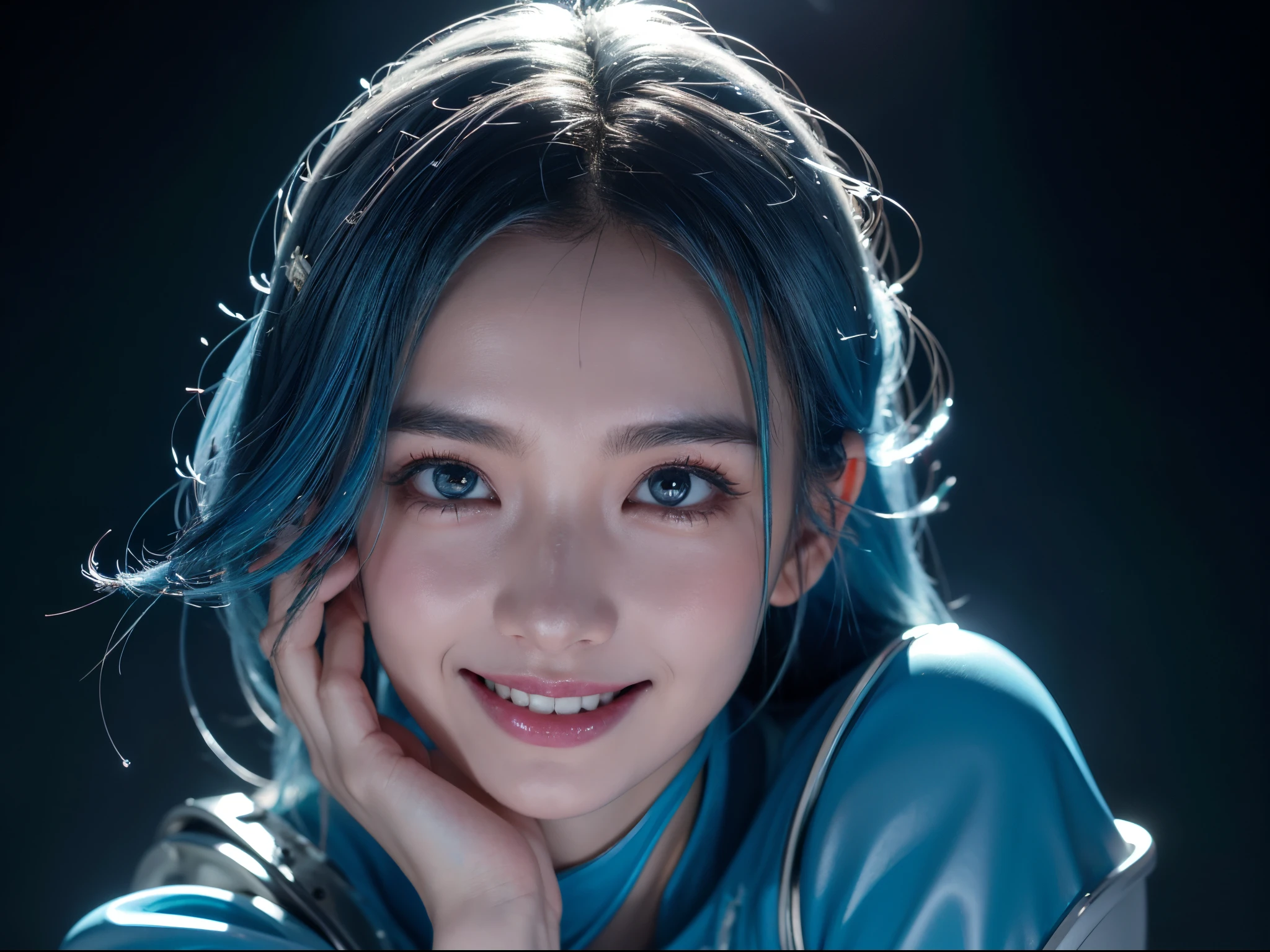 On a desolate alien planet, A robot beauty is traveling, blue liquid dripping from body, multicolored hair, hairclip, hollow eyes, eyeball, longeyelashes, covering ears, light smile, grin, grin, serious, expressionless, modern, depth of field, cinematic lighting, ray tracing, god rays, UHD, 4K, best quality, super detail, textured skin, anatomically correct, high details, high quality, award winning