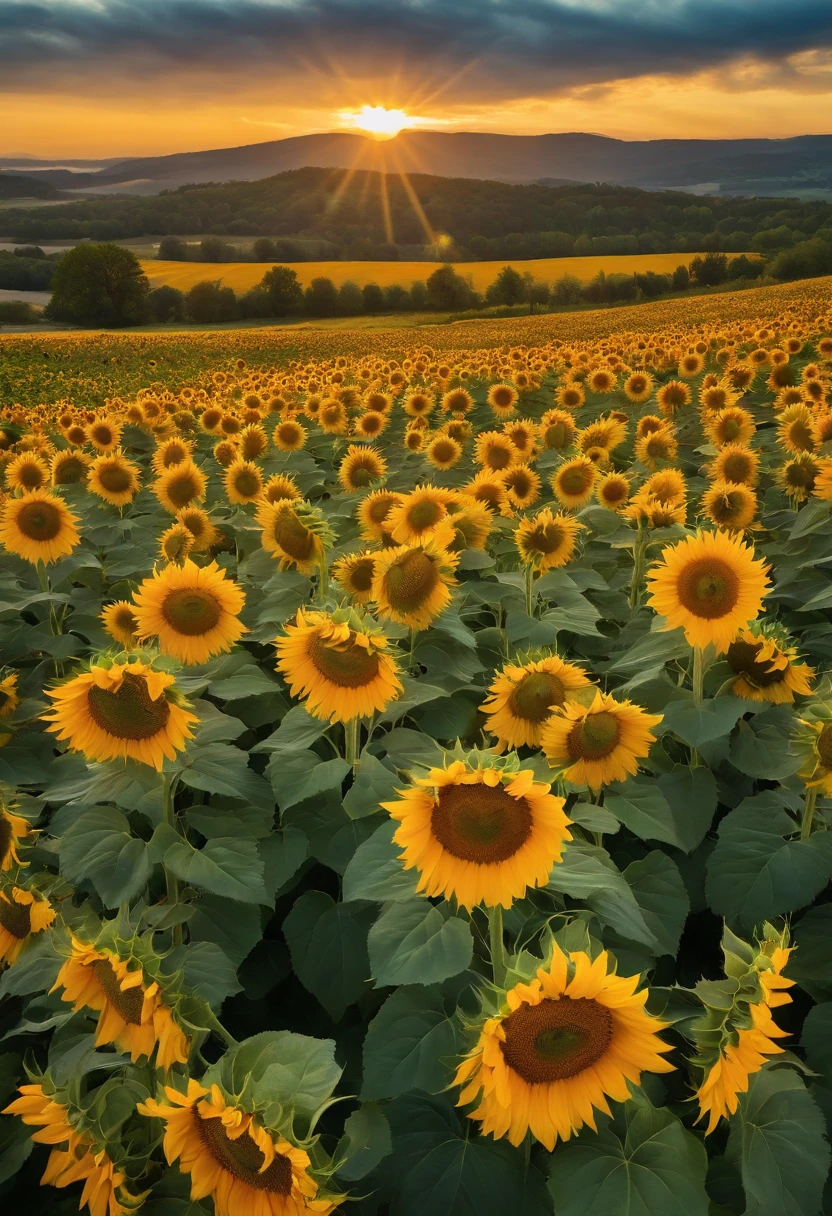 A large field of sunflowers,overhead photography